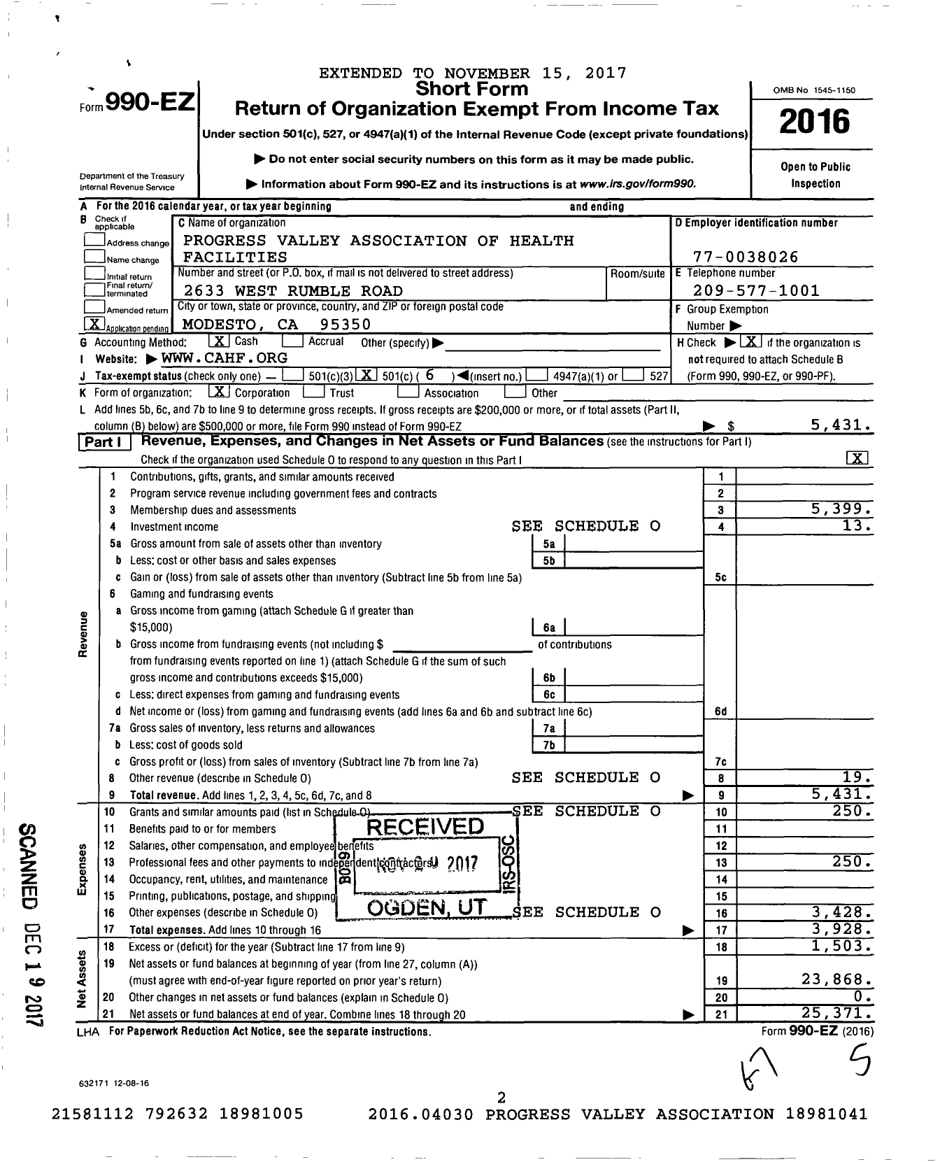 Image of first page of 2016 Form 990EO for Progress Valley Association of Health Facilities