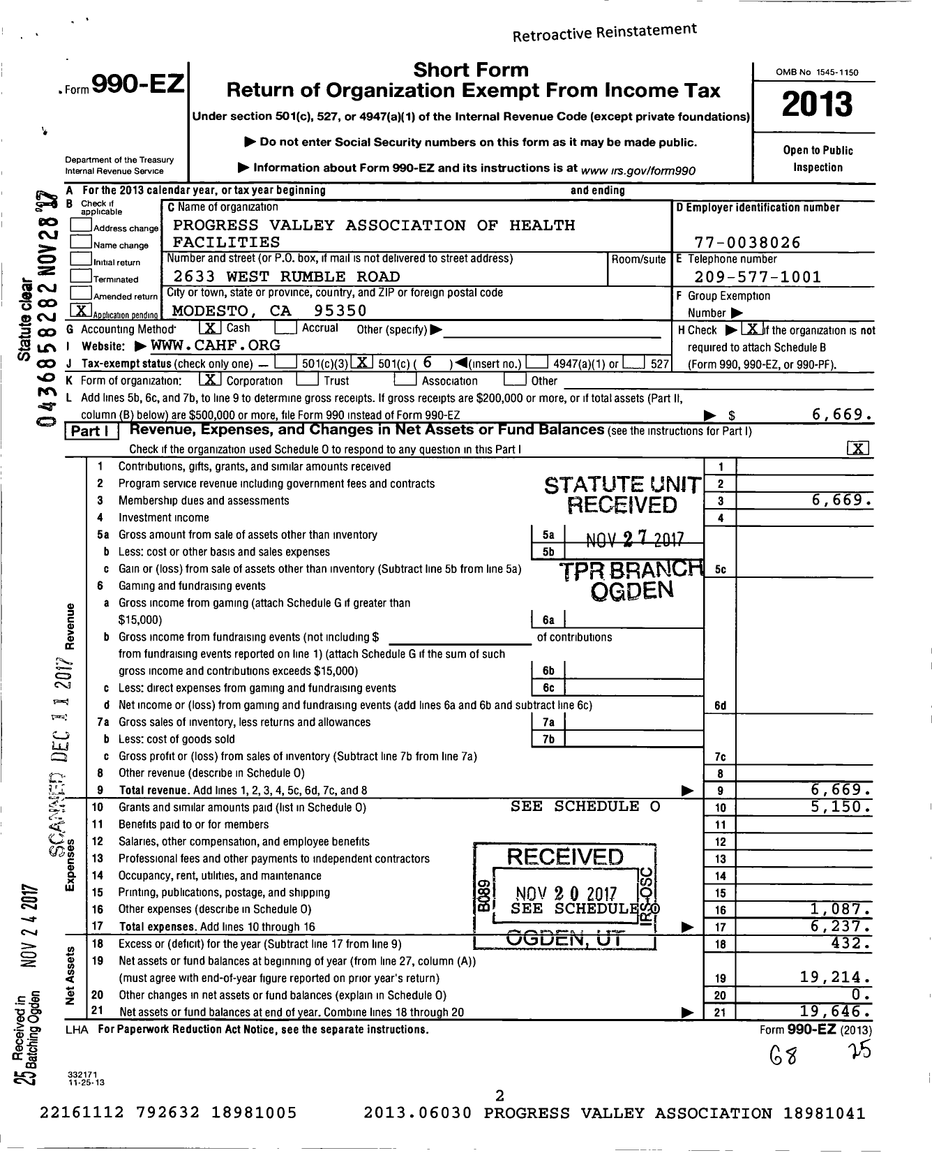 Image of first page of 2013 Form 990EO for Progress Valley Association of Health Facilities