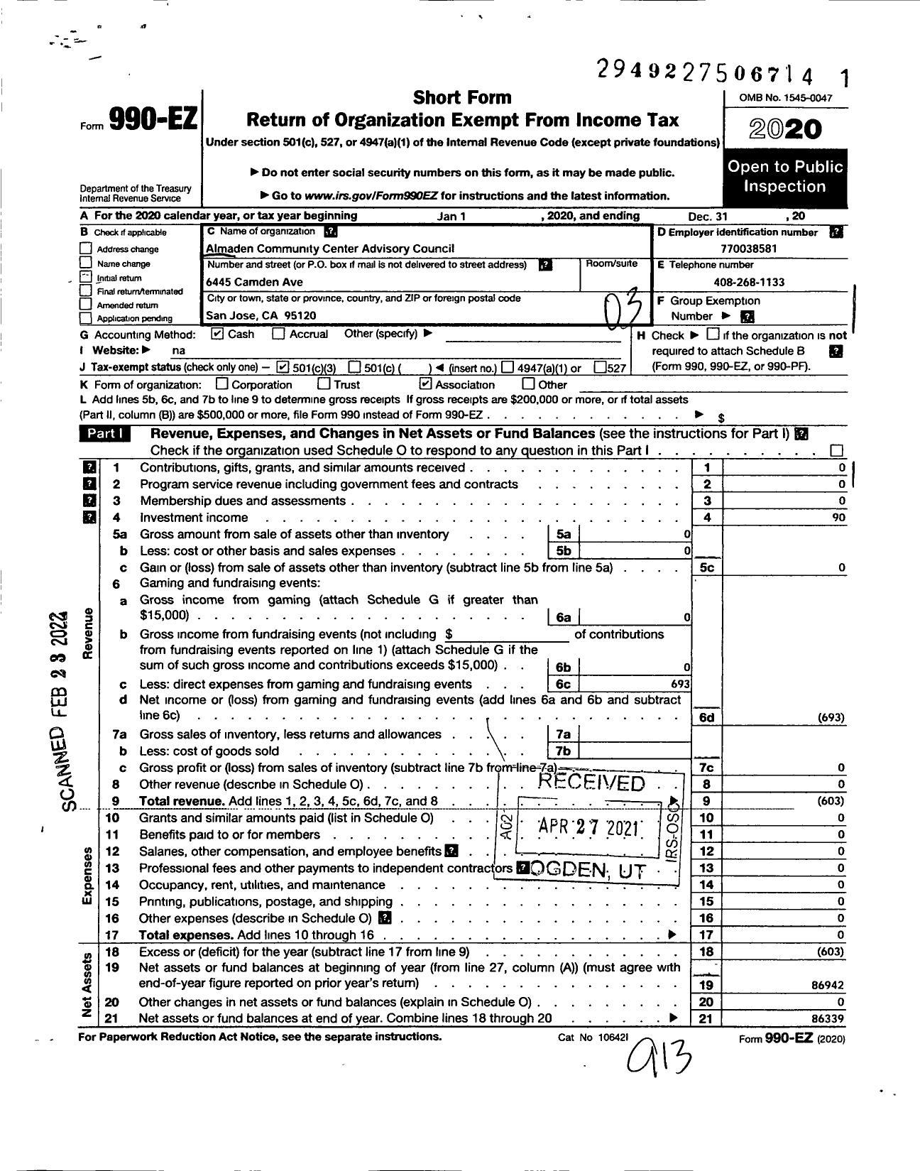 Image of first page of 2020 Form 990EZ for Almaden Community Center Advisory Council