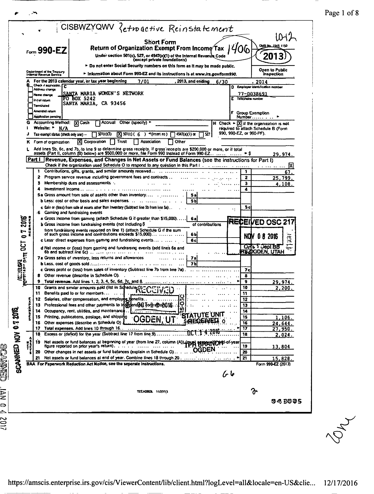 Image of first page of 2013 Form 990EO for Santa Maria Womens Network