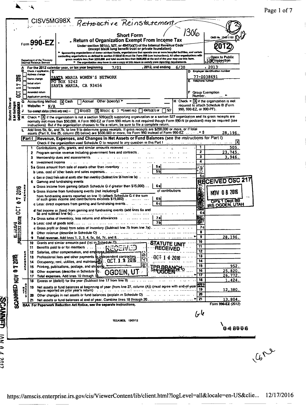 Image of first page of 2012 Form 990EO for Santa Maria Womens Network