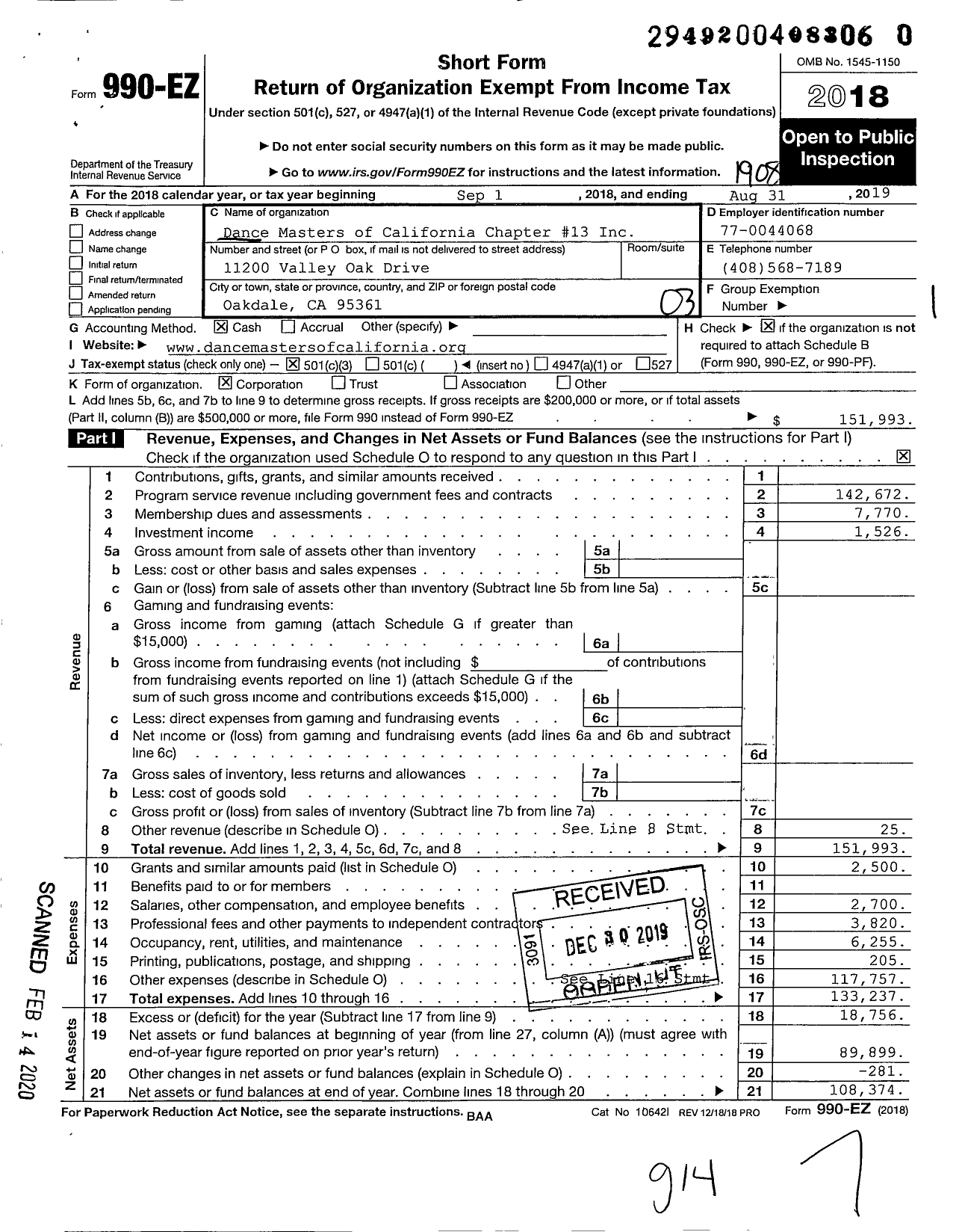 Image of first page of 2018 Form 990EZ for Dance Masters of California Chapter #13