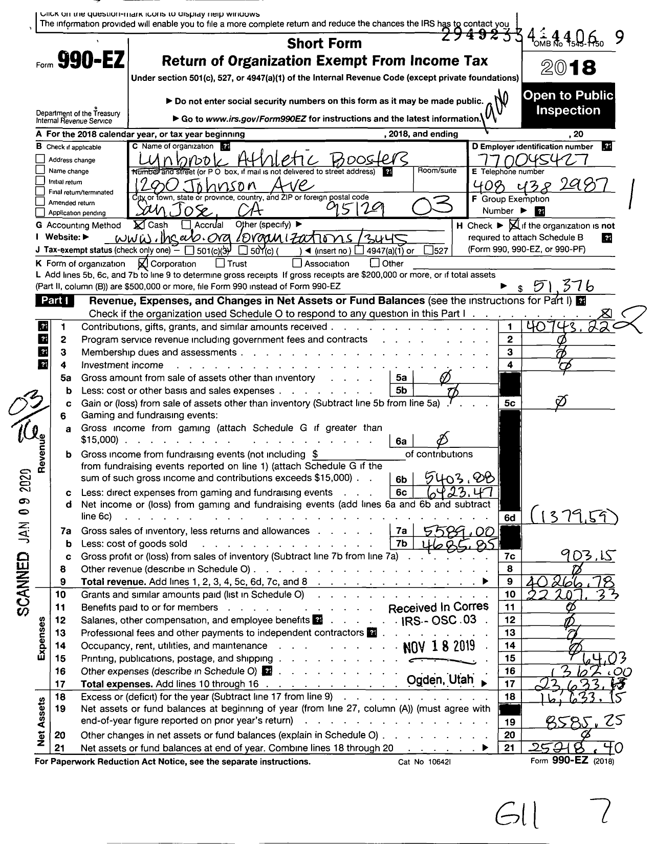 Image of first page of 2018 Form 990EZ for Lynbrook Athletic Boosters