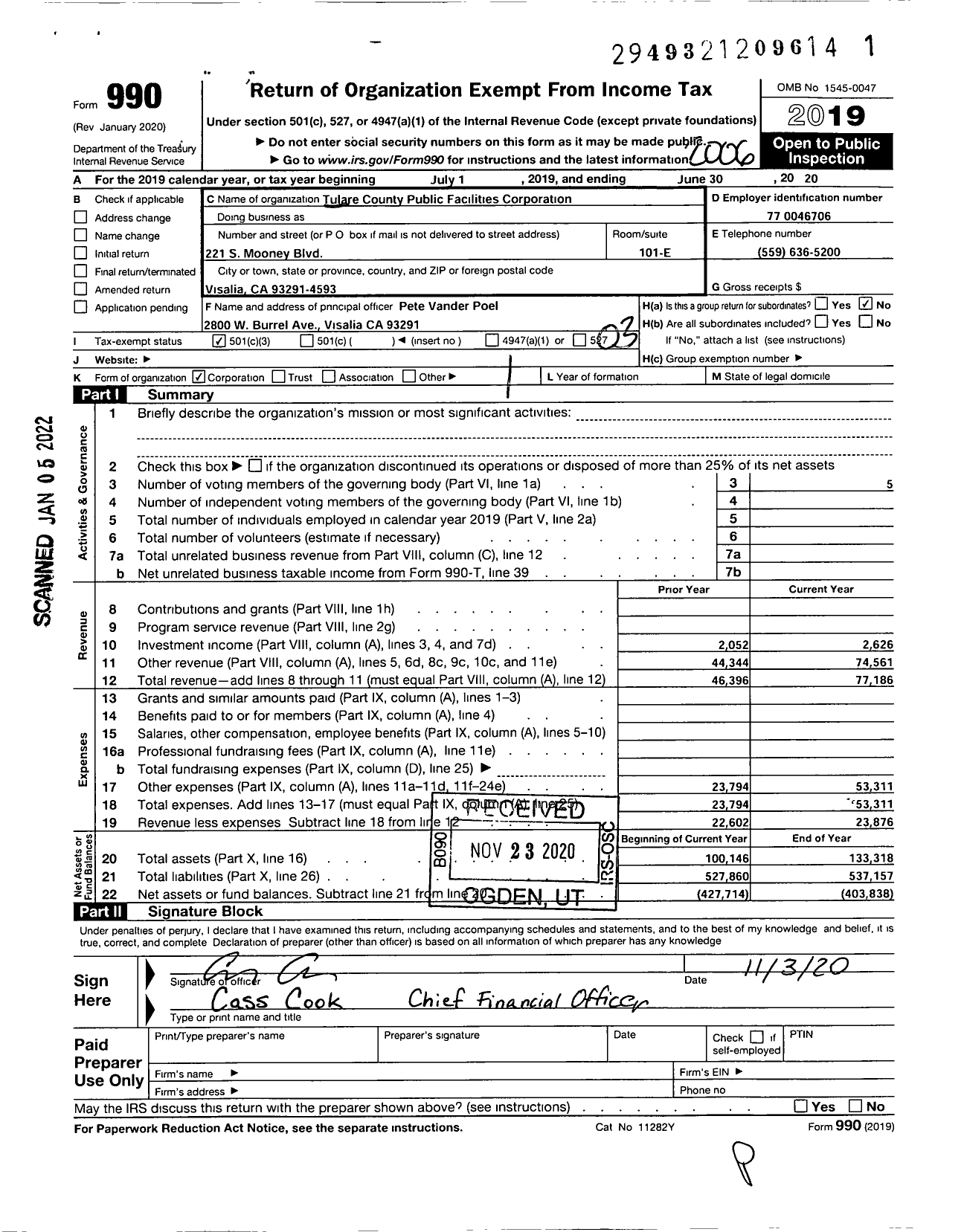 Image of first page of 2019 Form 990 for Tulare County Public Facilities Corporation