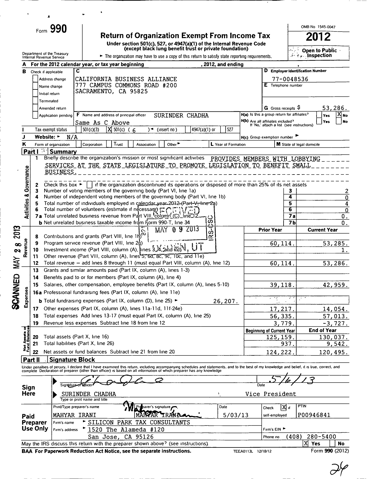 Image of first page of 2012 Form 990O for California Business Alliance