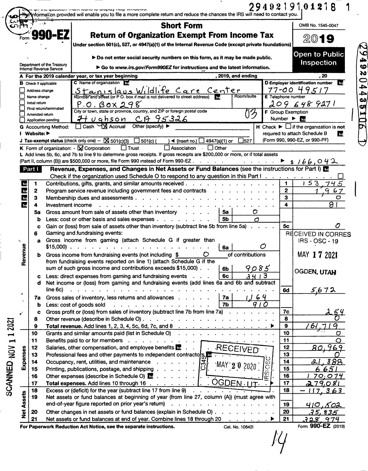 Image of first page of 2019 Form 990EZ for Stanislaus Wildlife Care Center