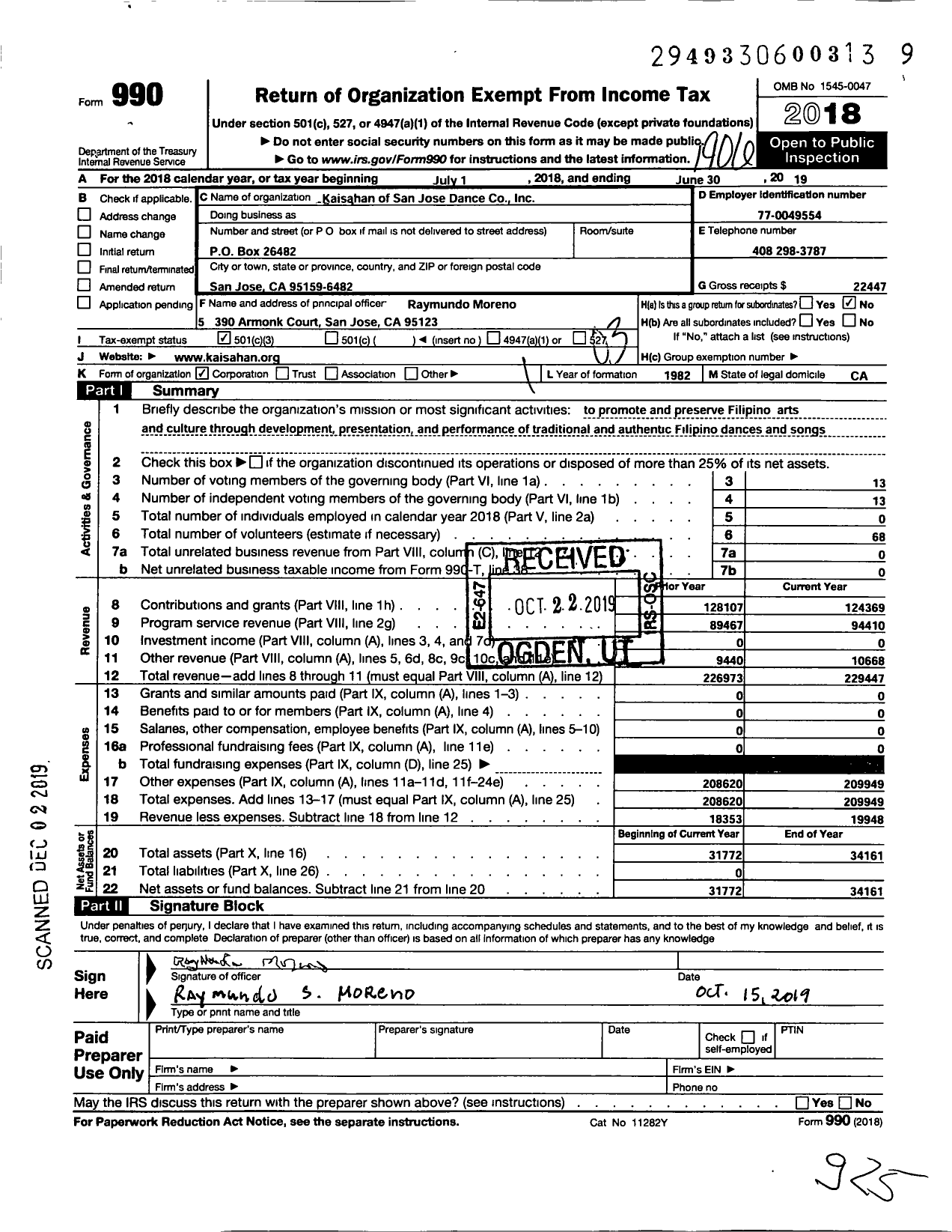 Image of first page of 2018 Form 990 for Kaisahan of San Jose