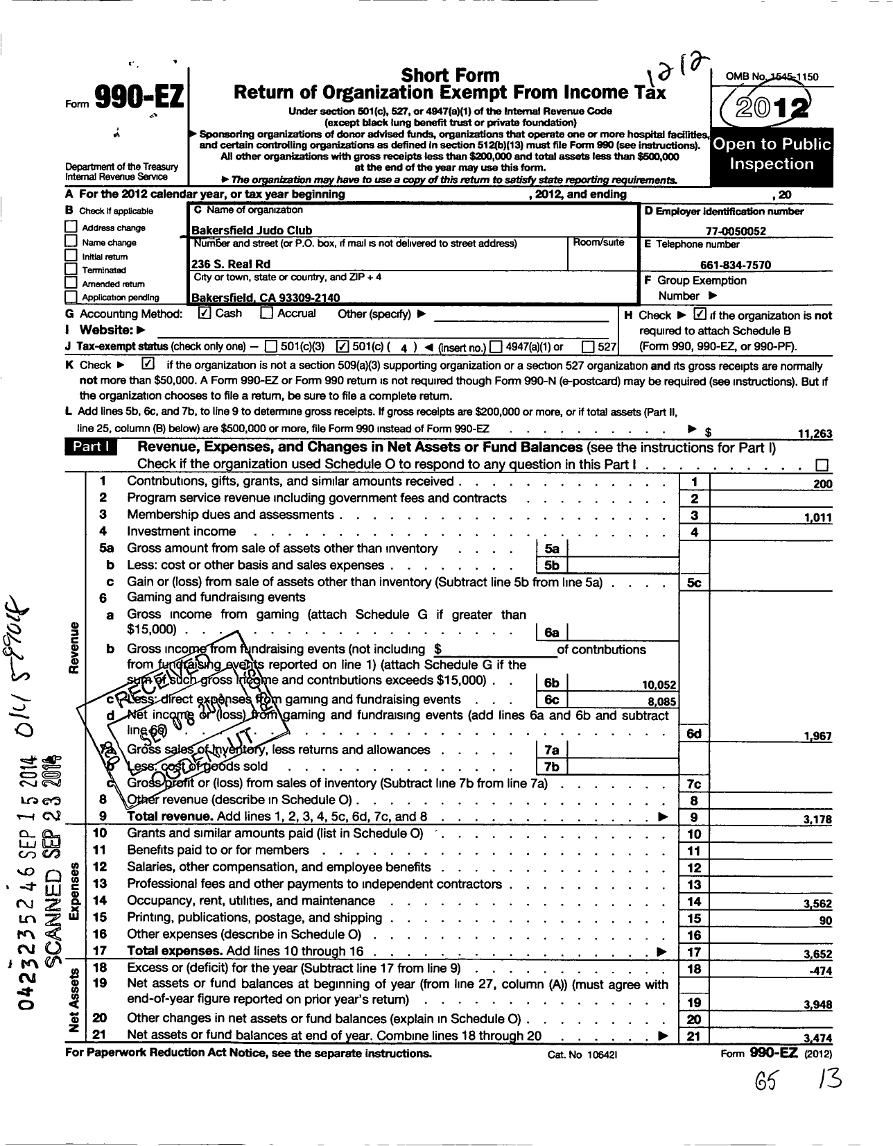 Image of first page of 2012 Form 990EO for Bakersfield Judo Club