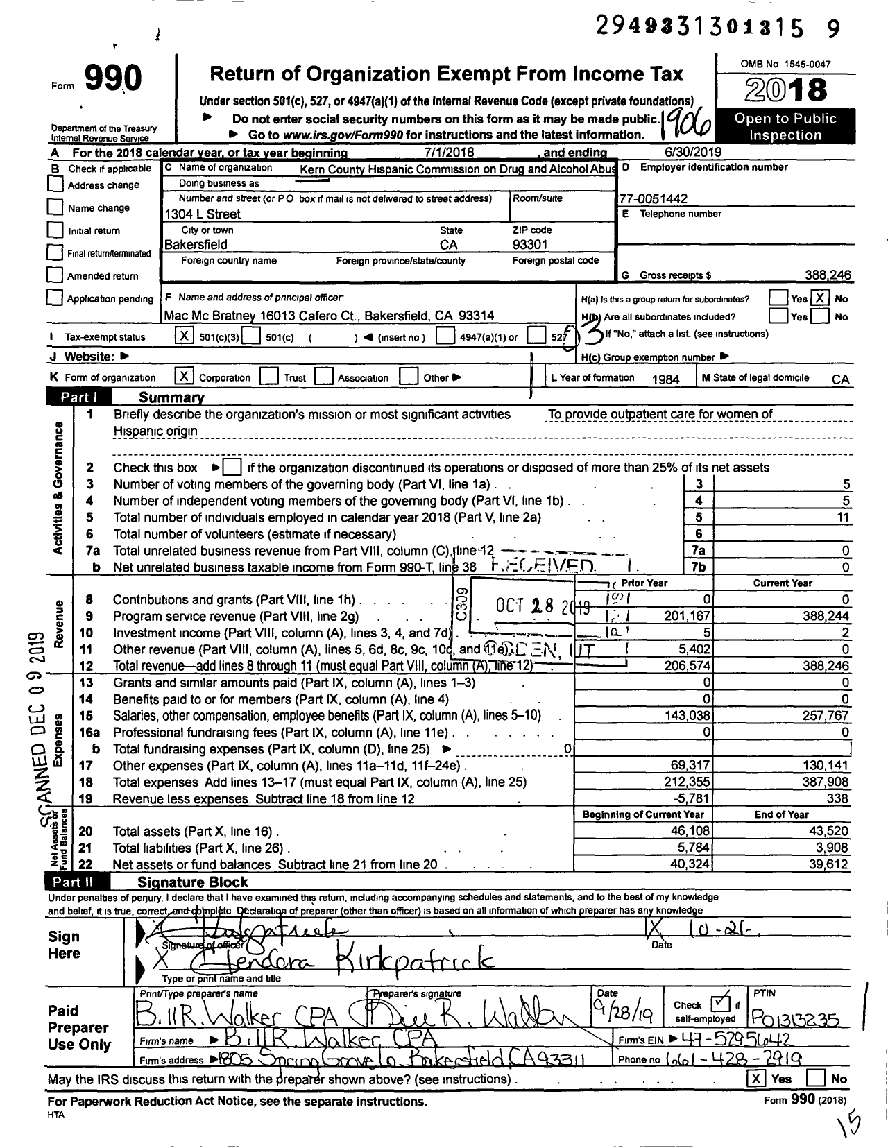 Image of first page of 2018 Form 990 for Kern County Hispanic Commission on Alcohol and Drug Abuse Services