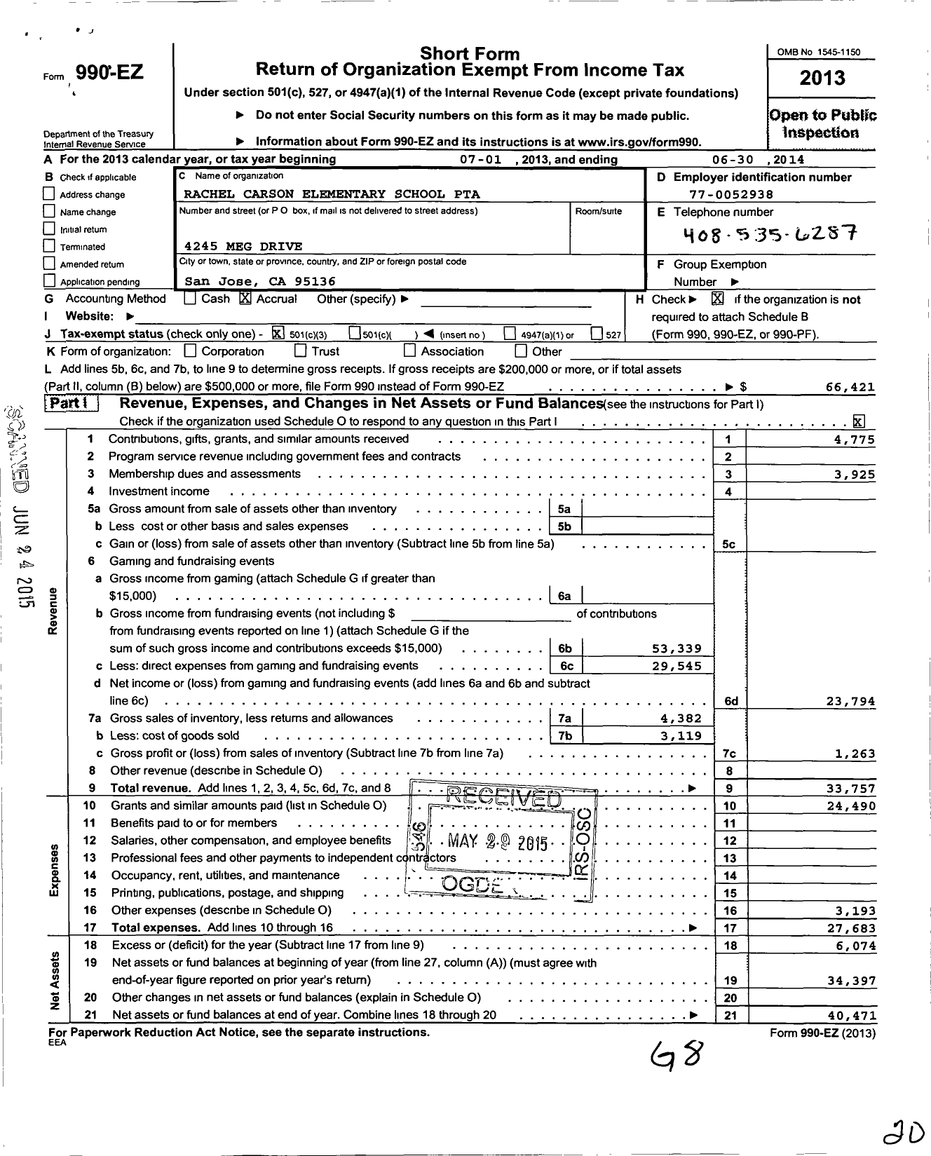 Image of first page of 2013 Form 990EZ for California State PTA - Rachel L Carson Elementary PTA