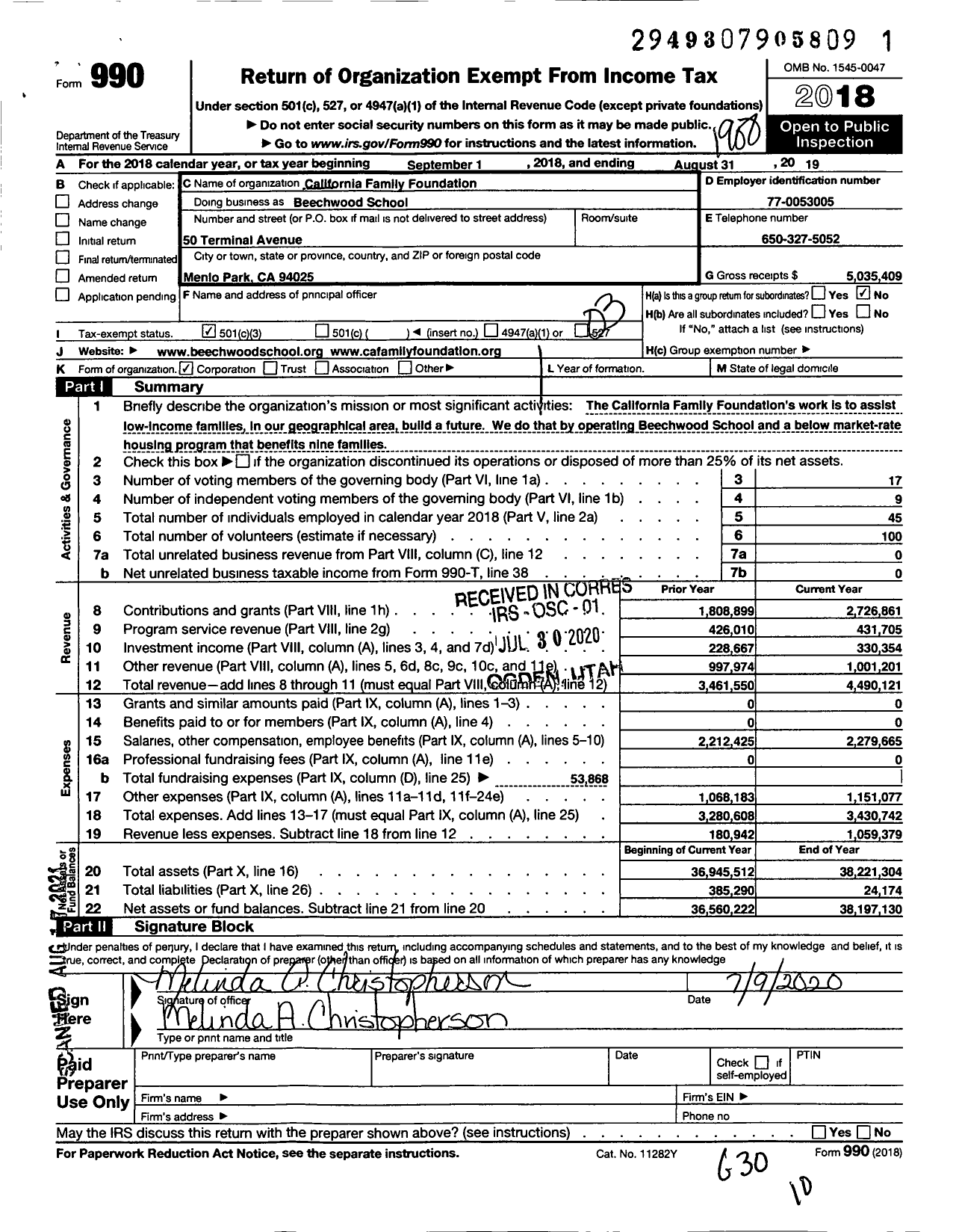 Image of first page of 2018 Form 990 for California Family Foundation