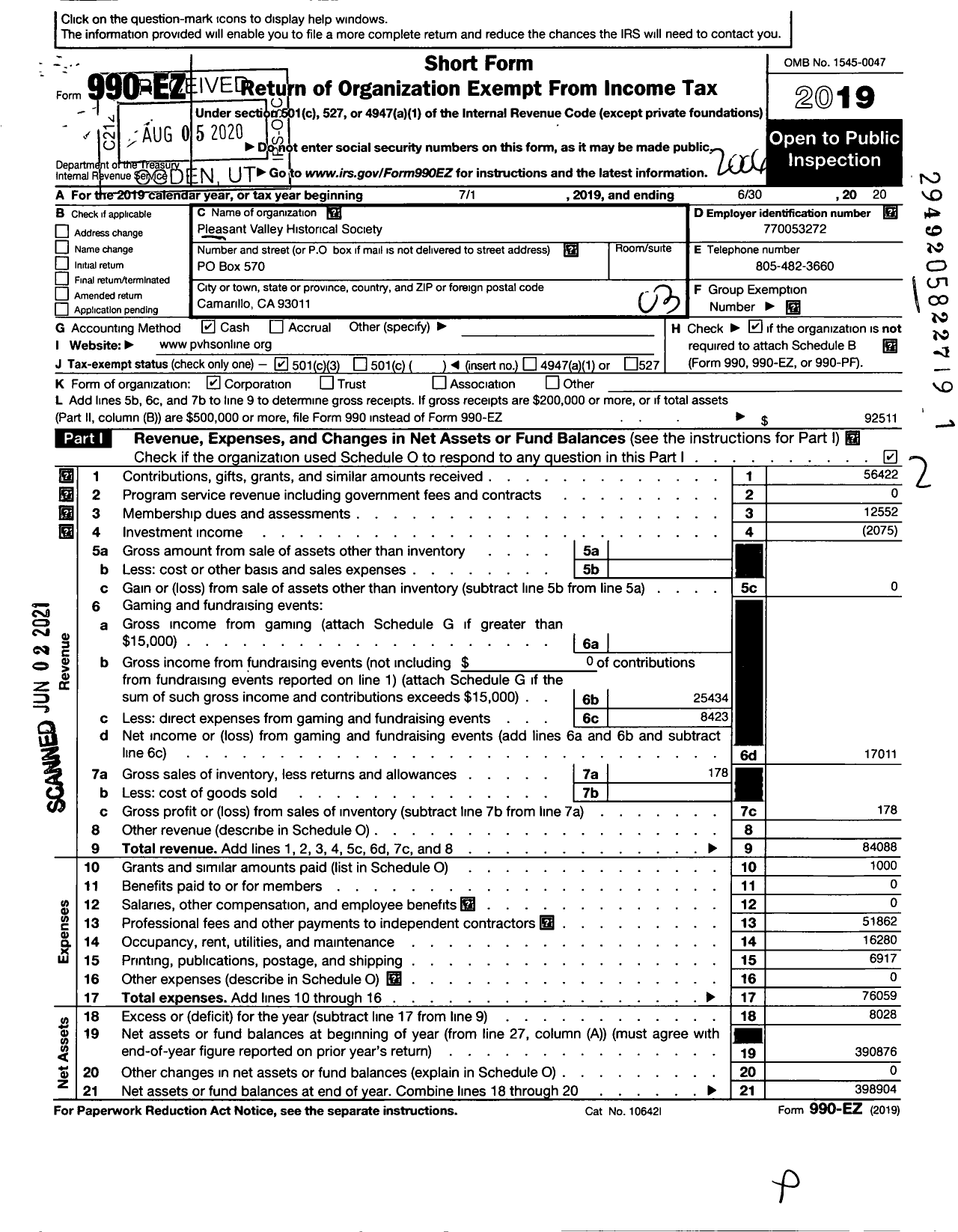 Image of first page of 2019 Form 990EZ for Pleasant Valley Historical Society