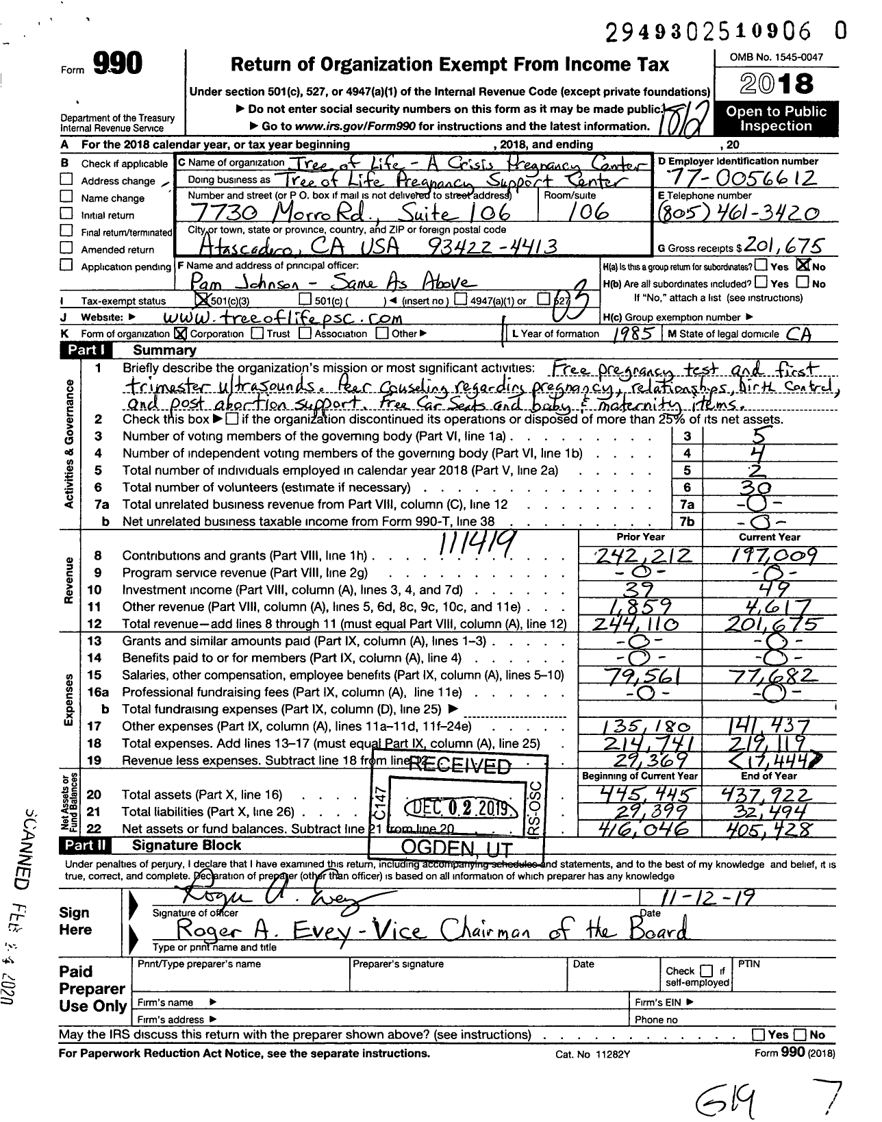 Image of first page of 2018 Form 990 for Tree of Life Pregnancy Support Center