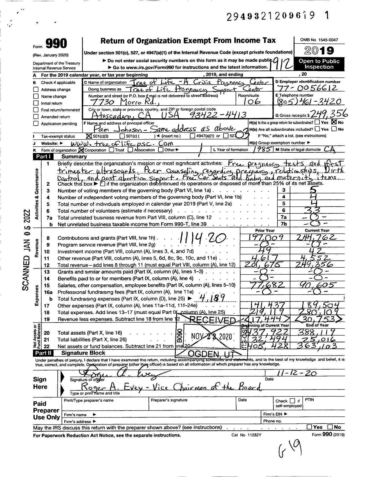 Image of first page of 2019 Form 990 for Tree of Life Pregnancy Support Center