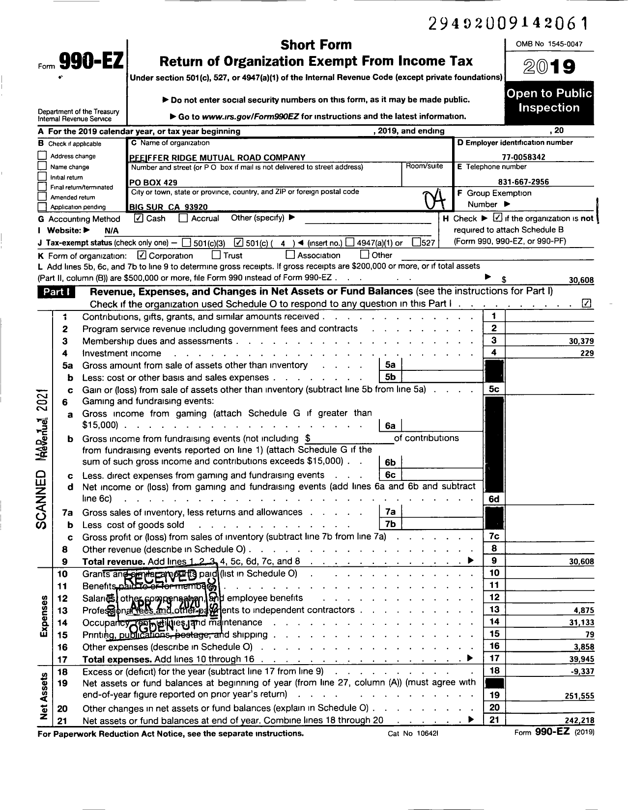 Image of first page of 2019 Form 990EO for Pfeiffer Ridge Mutual Road Company