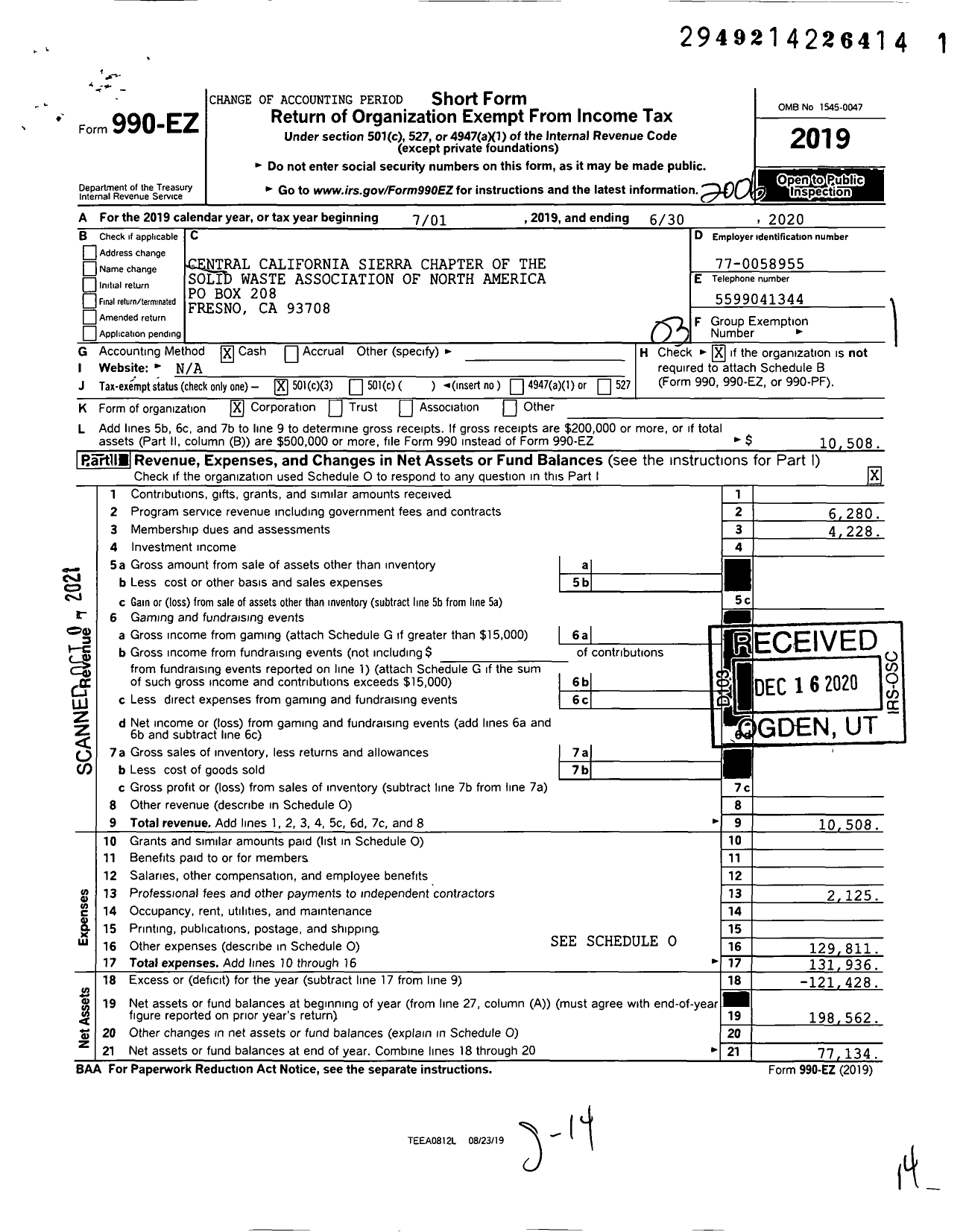 Image of first page of 2019 Form 990EZ for Central California Sierra Chapter of the Solid Waste Association of North America