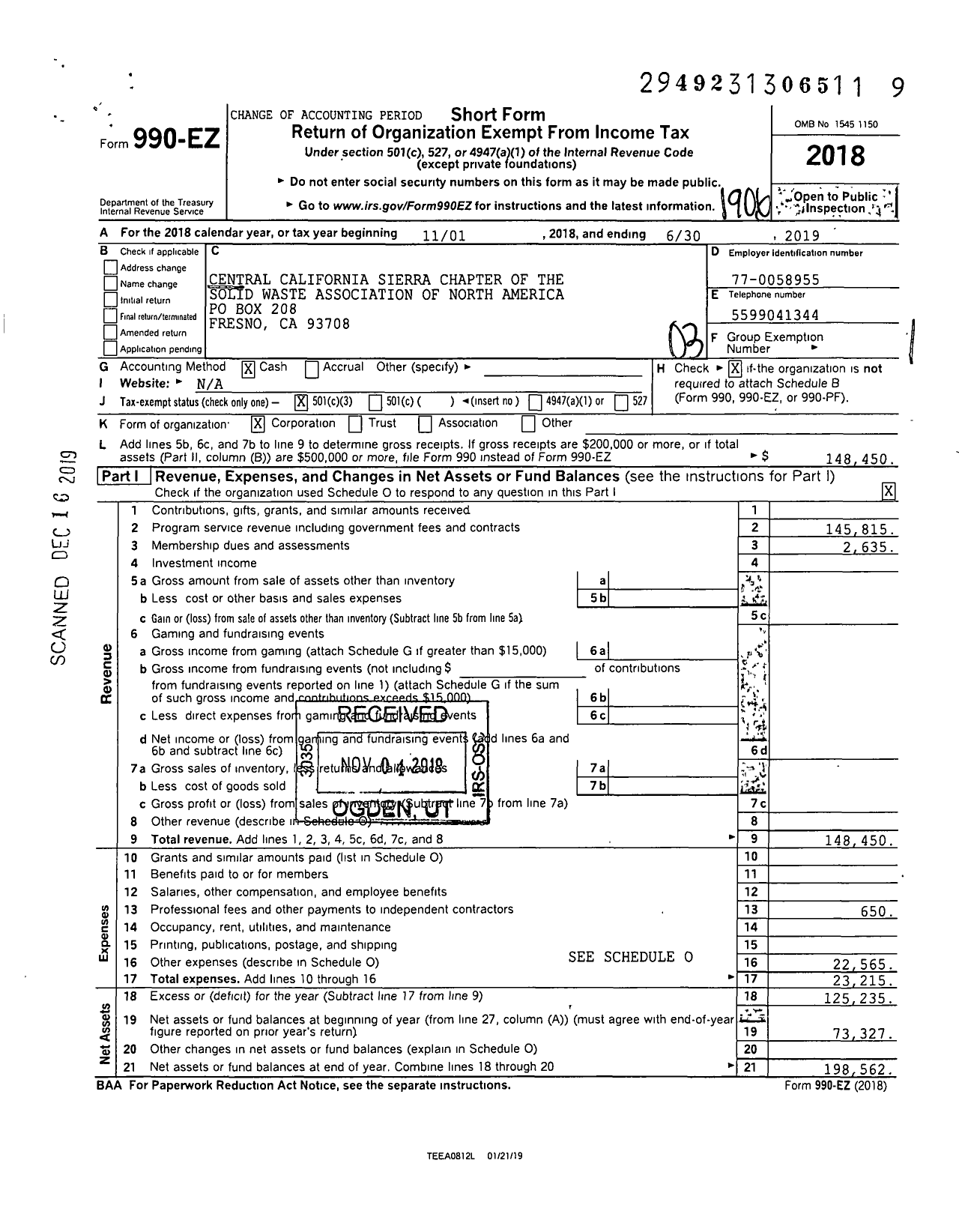 Image of first page of 2018 Form 990EZ for Central California Sierra Chapter of the Solid Waste Association of North America