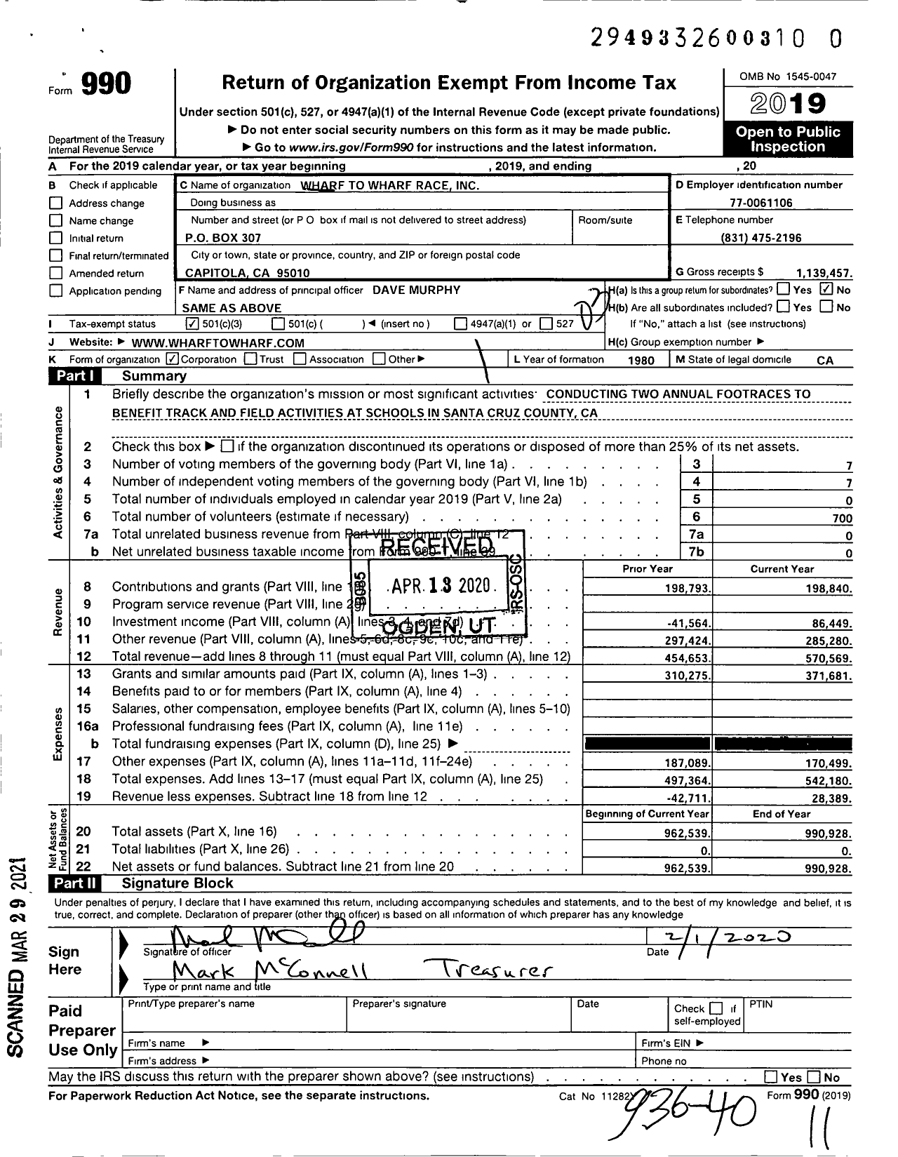 Image of first page of 2019 Form 990 for Wharf to Wharf Race