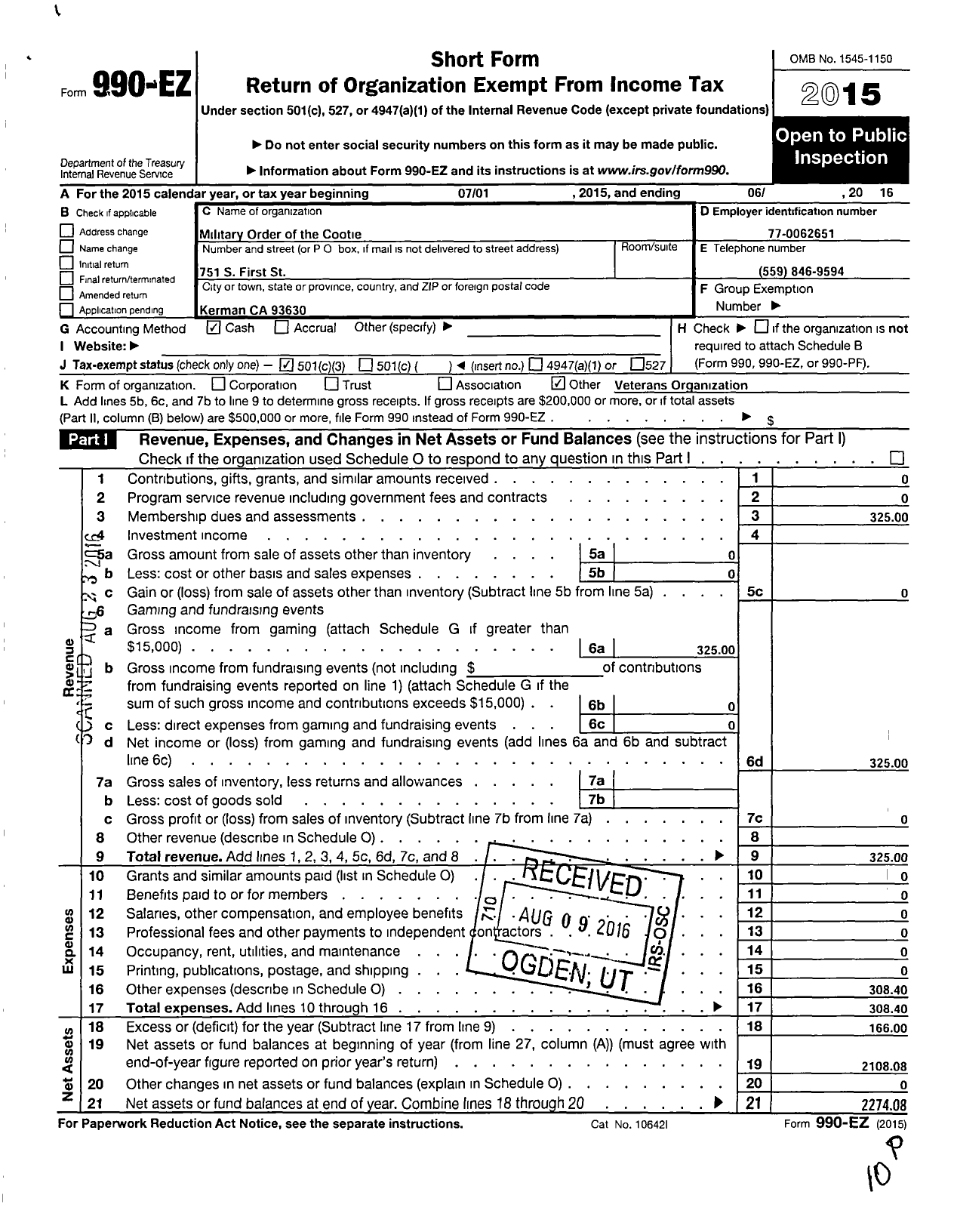 Image of first page of 2015 Form 990EZ for Military Order of the Cootie of the United States Pup Tent 23 Skidoo