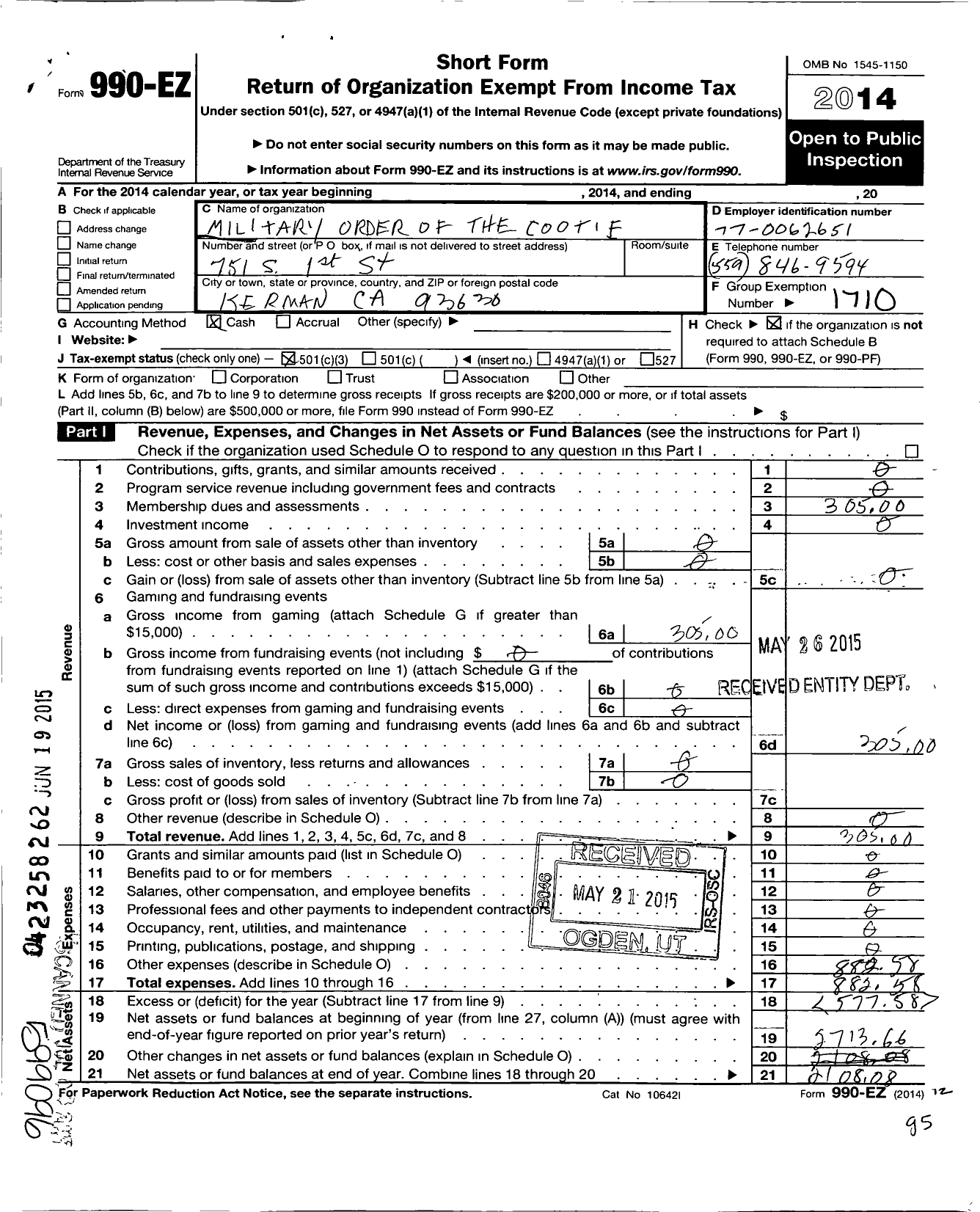 Image of first page of 2014 Form 990EZ for Military Order of the Cootie of the United States Pup Tent 23 Skidoo