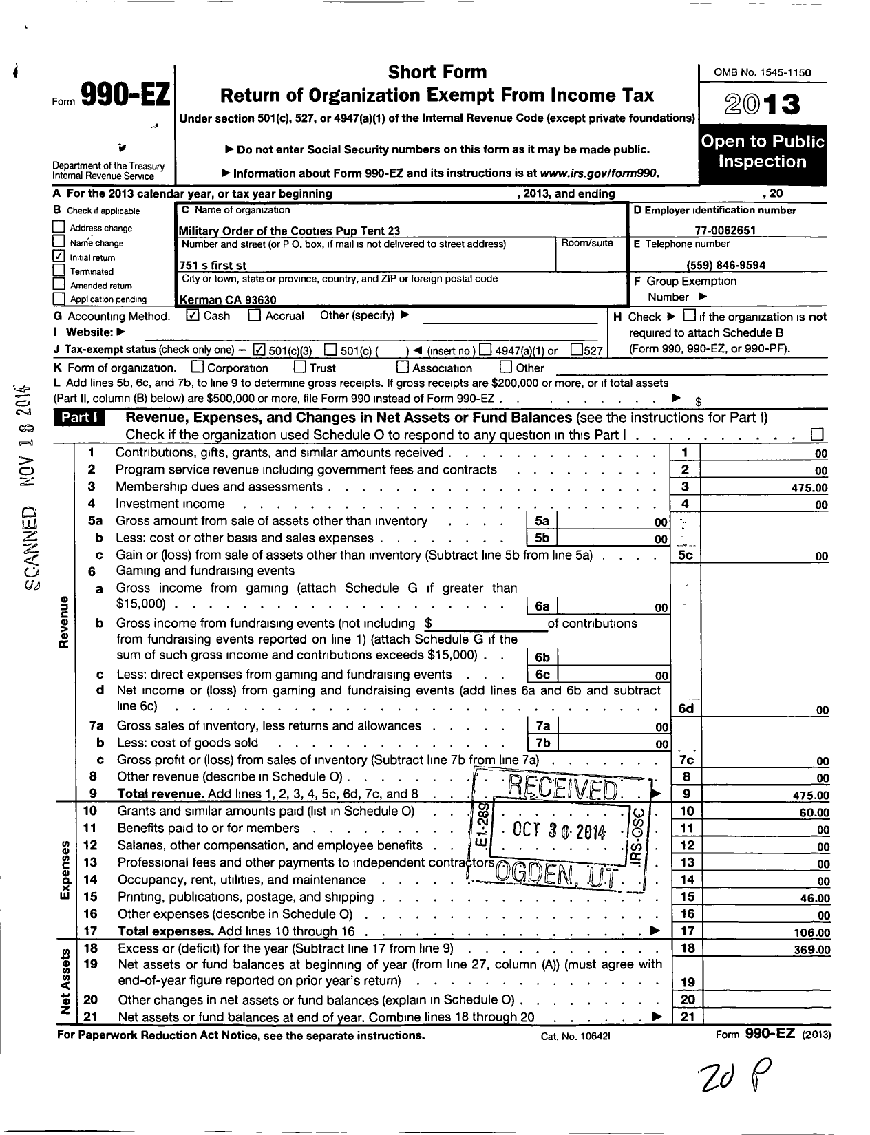 Image of first page of 2013 Form 990EZ for Military Order of the Cootie of the United States Pup Tent 23 Skidoo