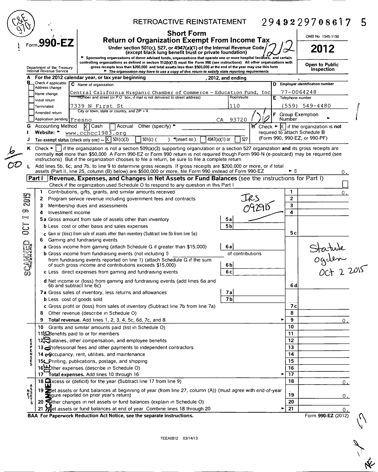 Image of first page of 2012 Form 990EZ for Central California Hispanic Chamber of Commerce