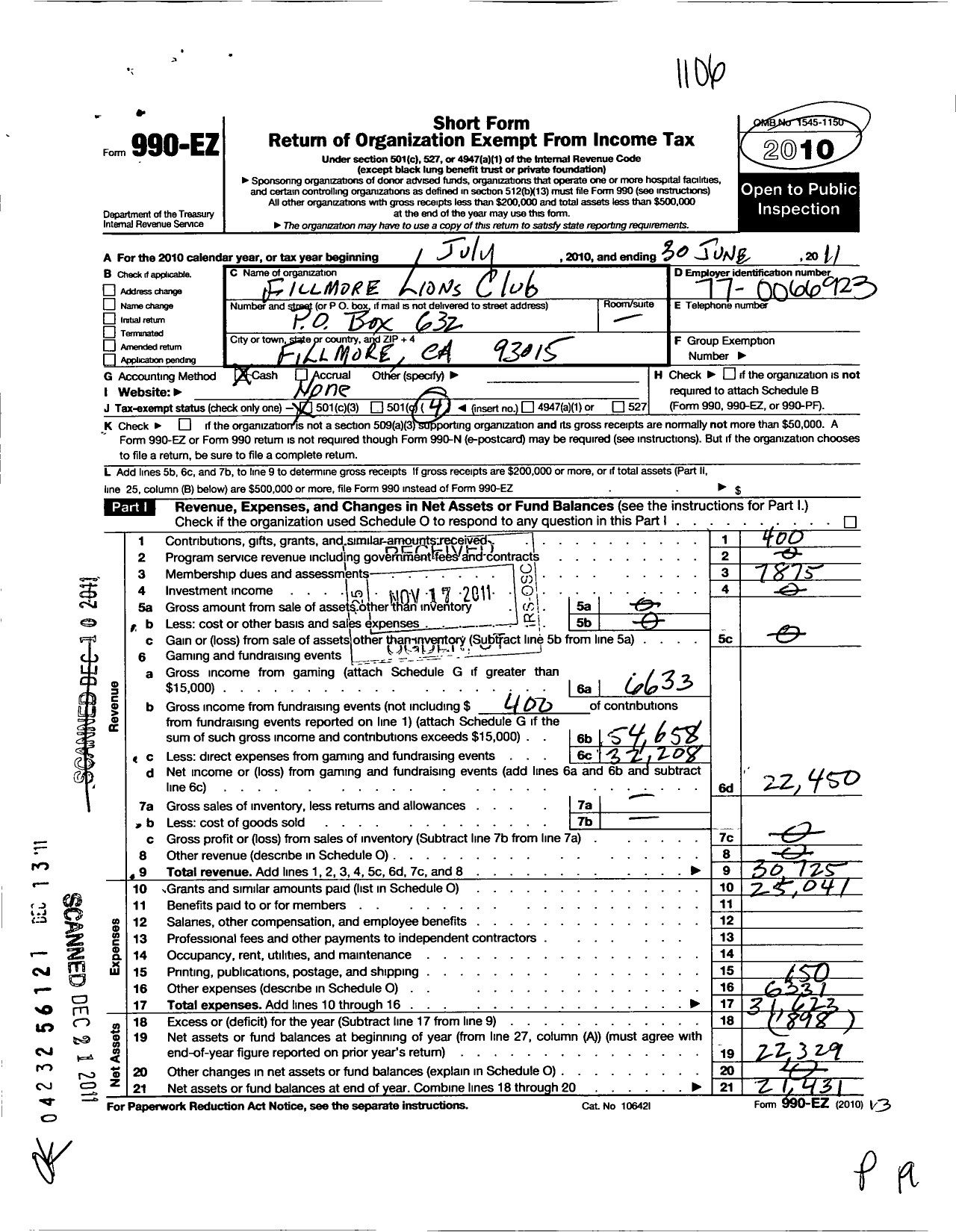 Image of first page of 2010 Form 990EZ for Fillmore Lions Club Boy Scouts Foundation