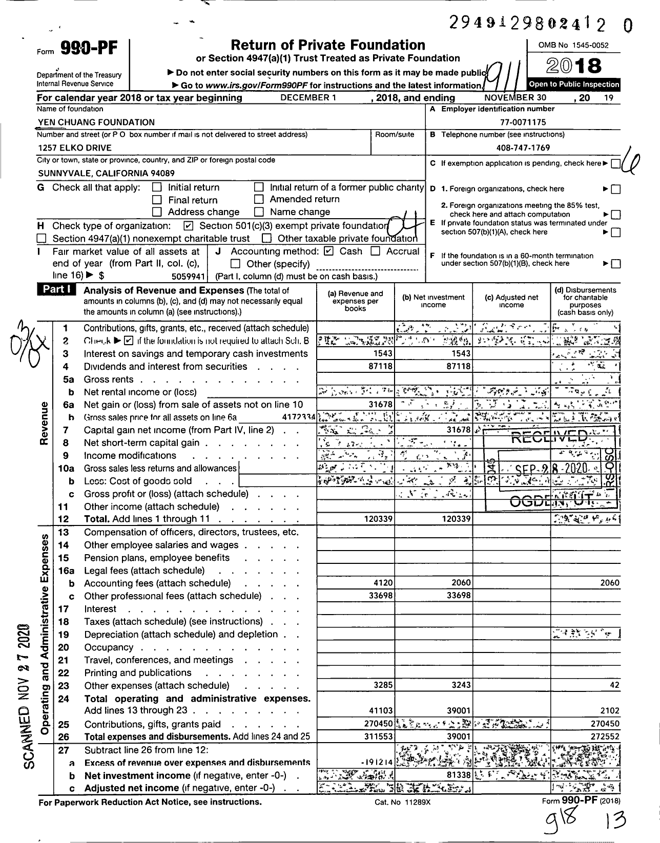 Image of first page of 2018 Form 990PF for Yen Chuang Foundation