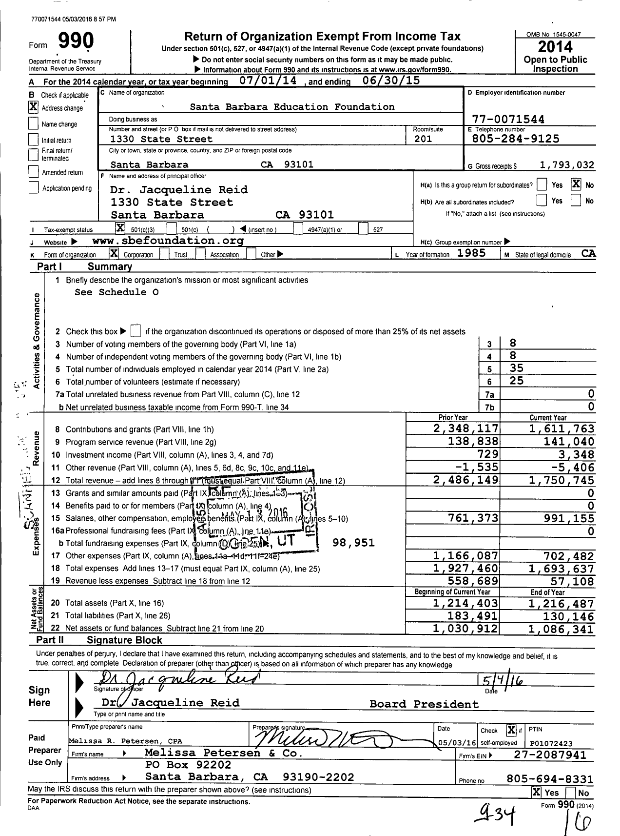 Image of first page of 2014 Form 990 for Santa Barbara Education Foundation