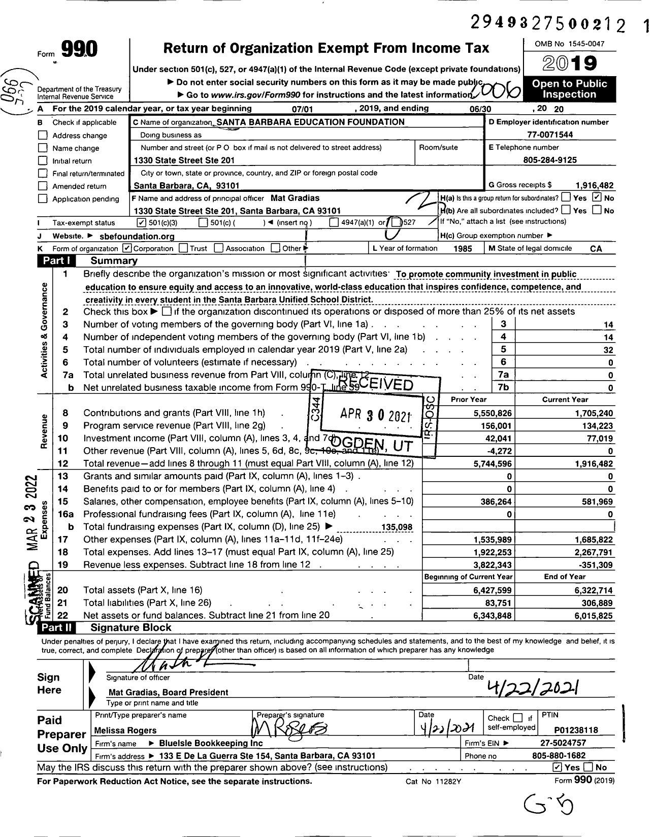 Image of first page of 2019 Form 990 for Santa Barbara Education Foundation