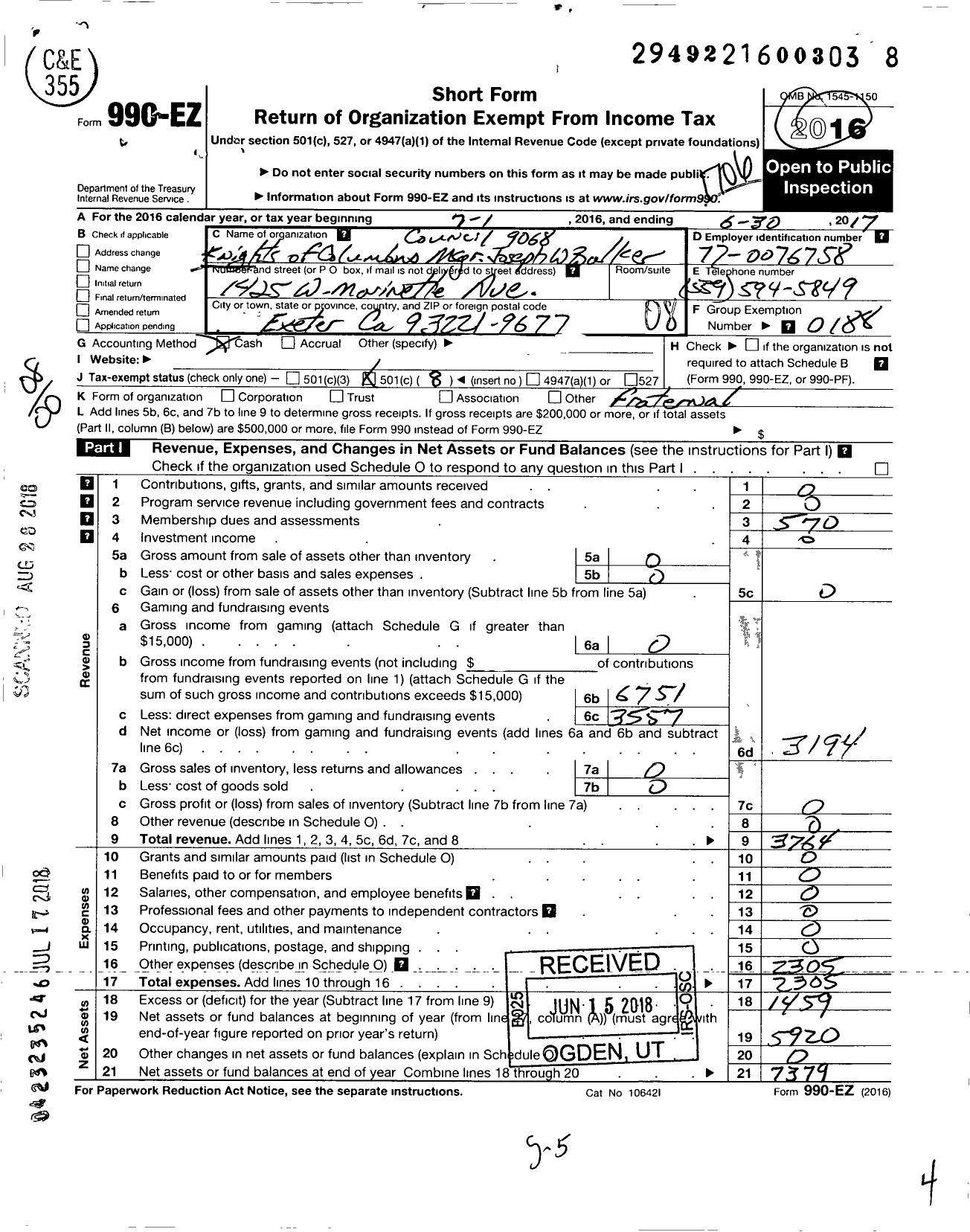 Image of first page of 2016 Form 990EO for Knights of Columbus / 9068 Monsignor Joseph W Balker Coun