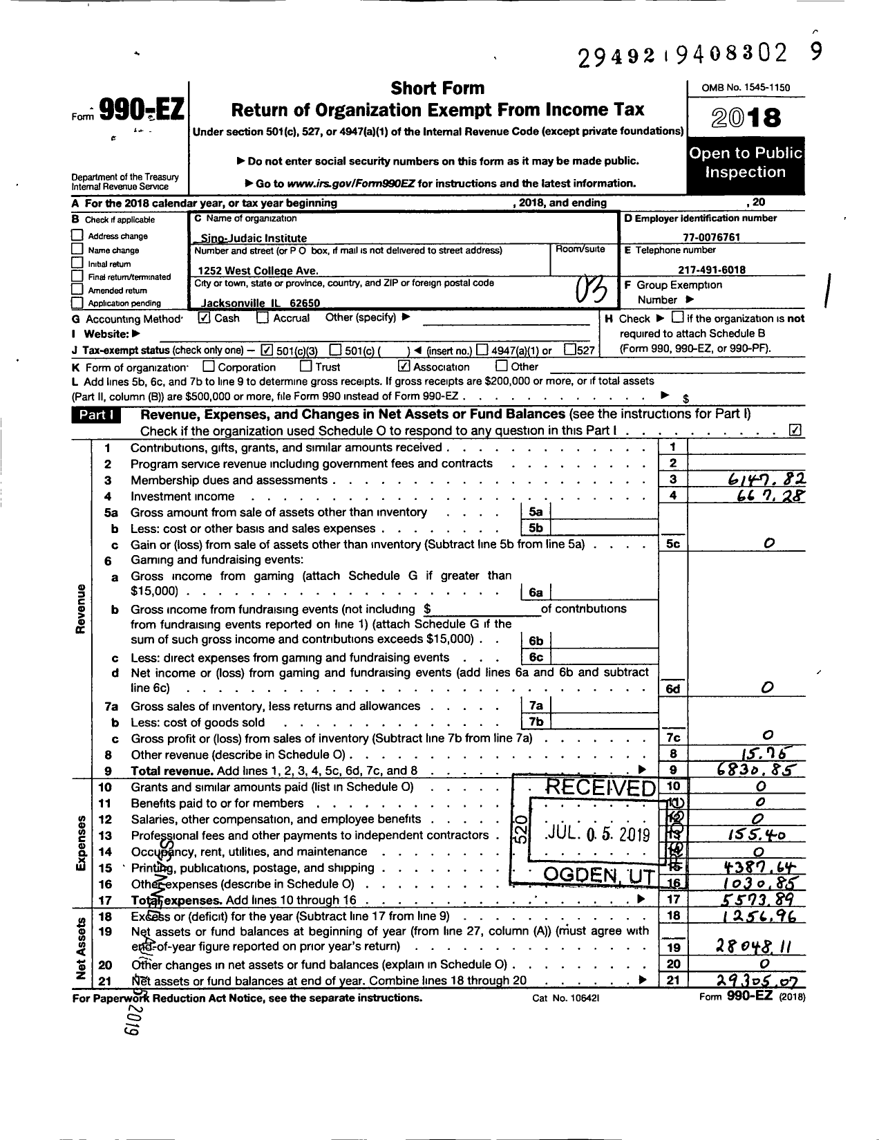 Image of first page of 2018 Form 990EZ for The Sino Judaic Institute