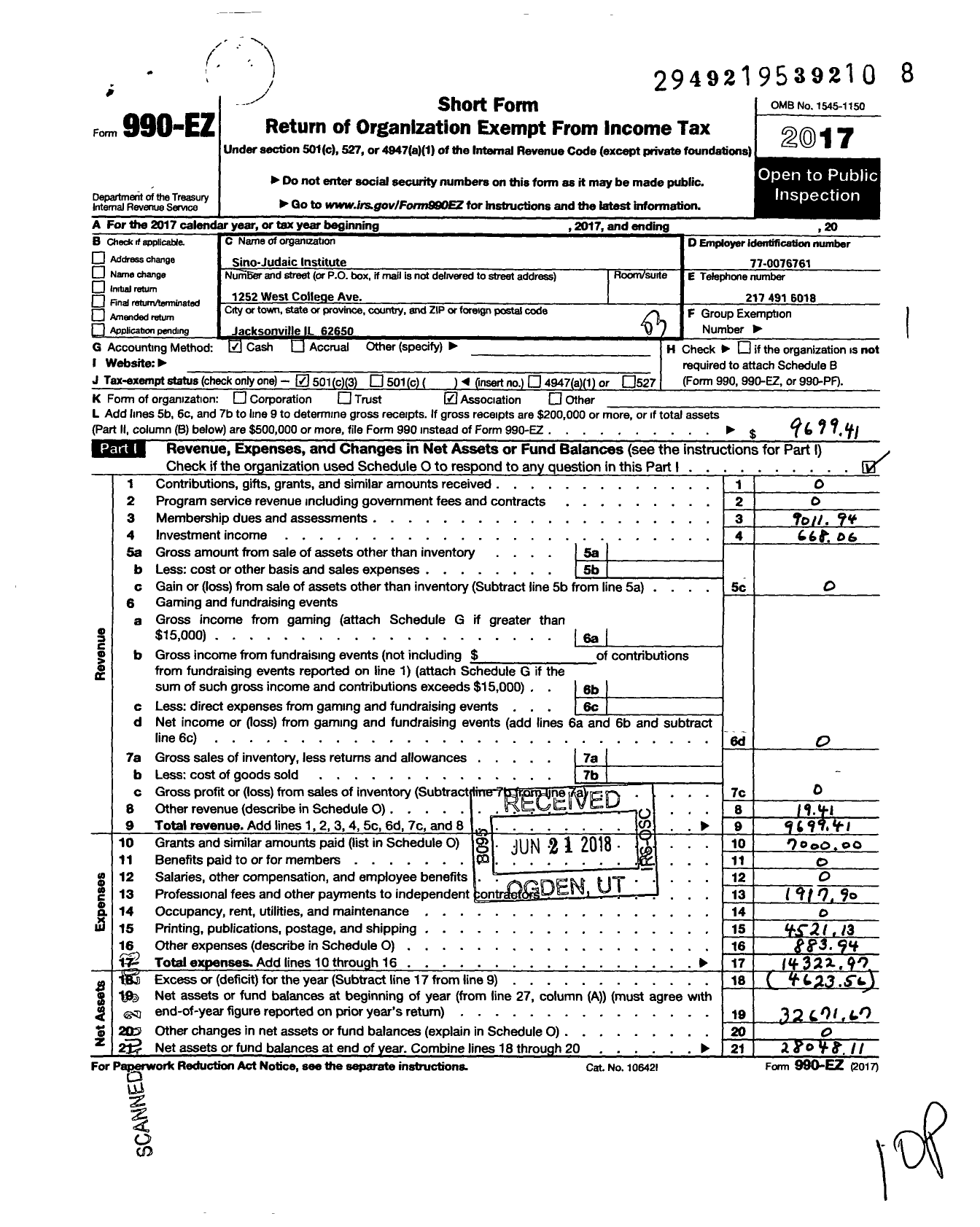 Image of first page of 2017 Form 990EZ for The Sino Judaic Institute