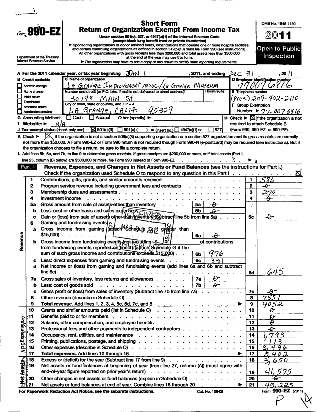 Image of first page of 2011 Form 990EZ for La Grange Improvement Association