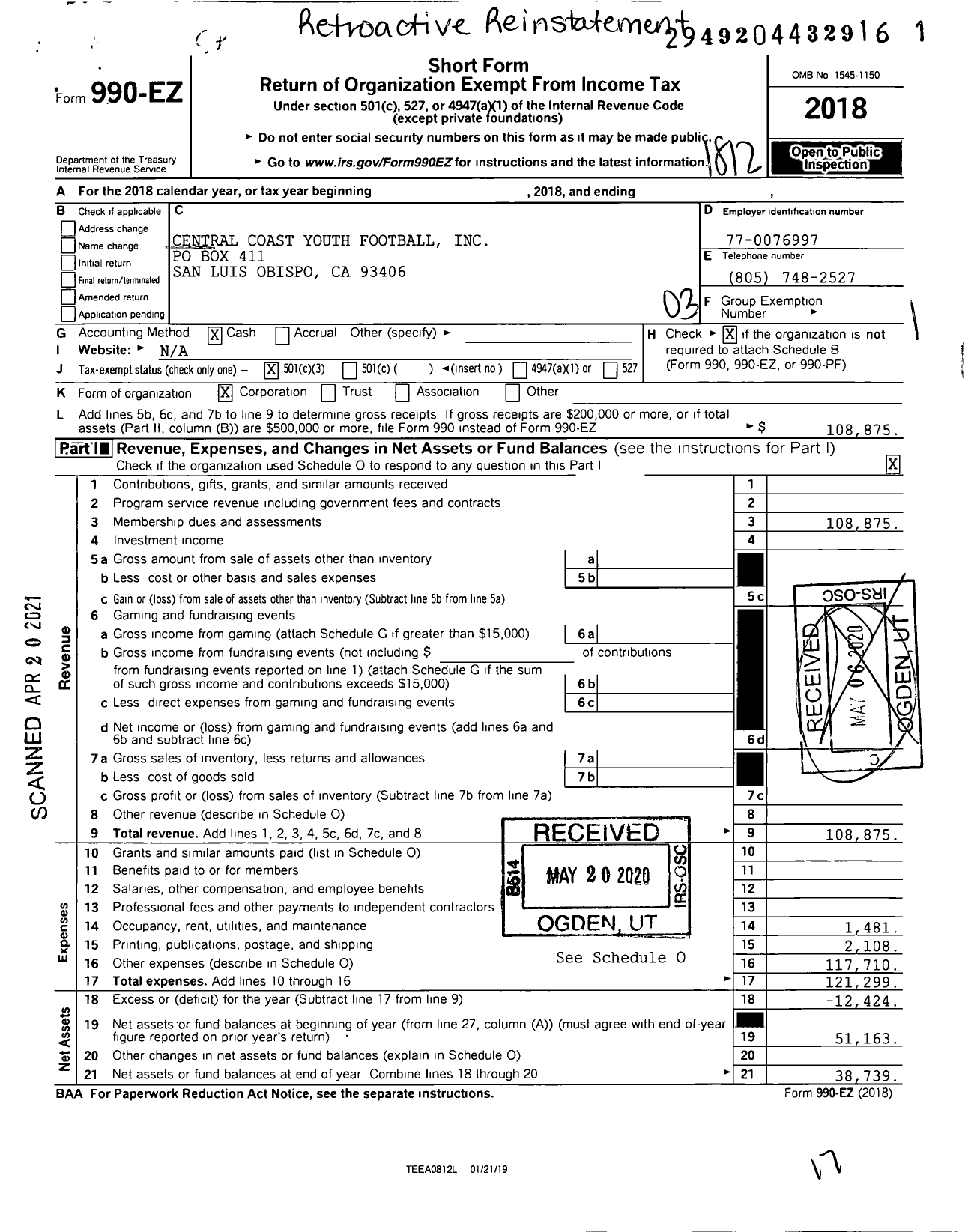 Image of first page of 2018 Form 990EZ for Central Coast Youth Football