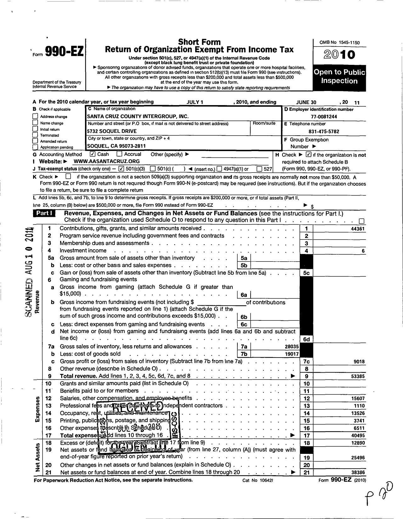 Image of first page of 2010 Form 990EZ for Santa Cruz County Intergroup