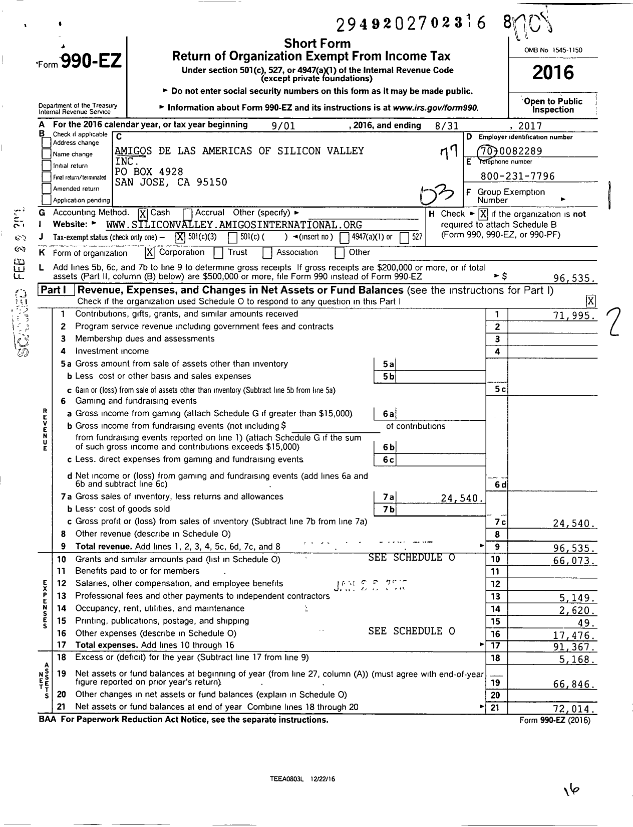 Image of first page of 2016 Form 990EZ for Amigos de Las Americas of Silicon Valley