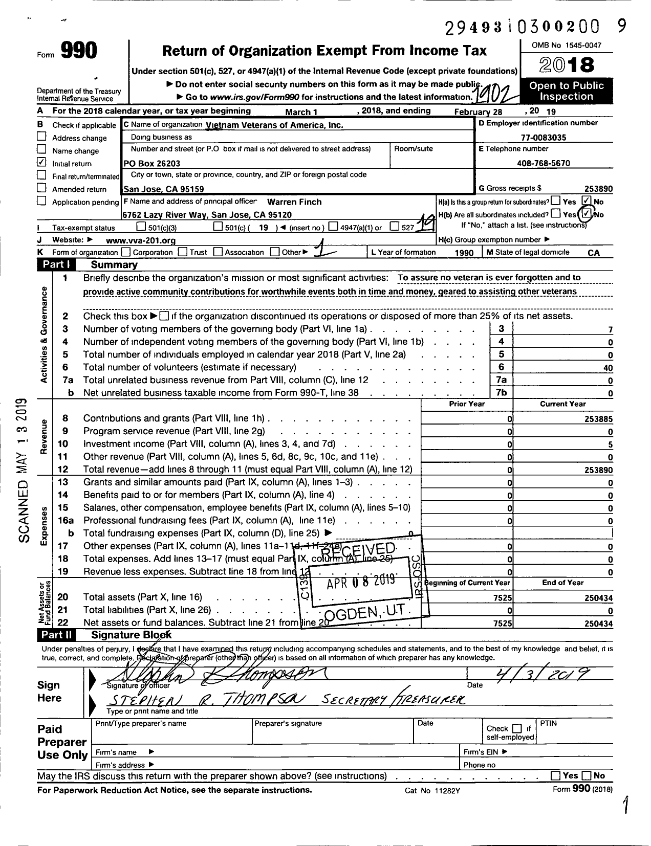 Image of first page of 2018 Form 990O for Vietnam Veterans of America - 201 Darwin J Thomas Chapter