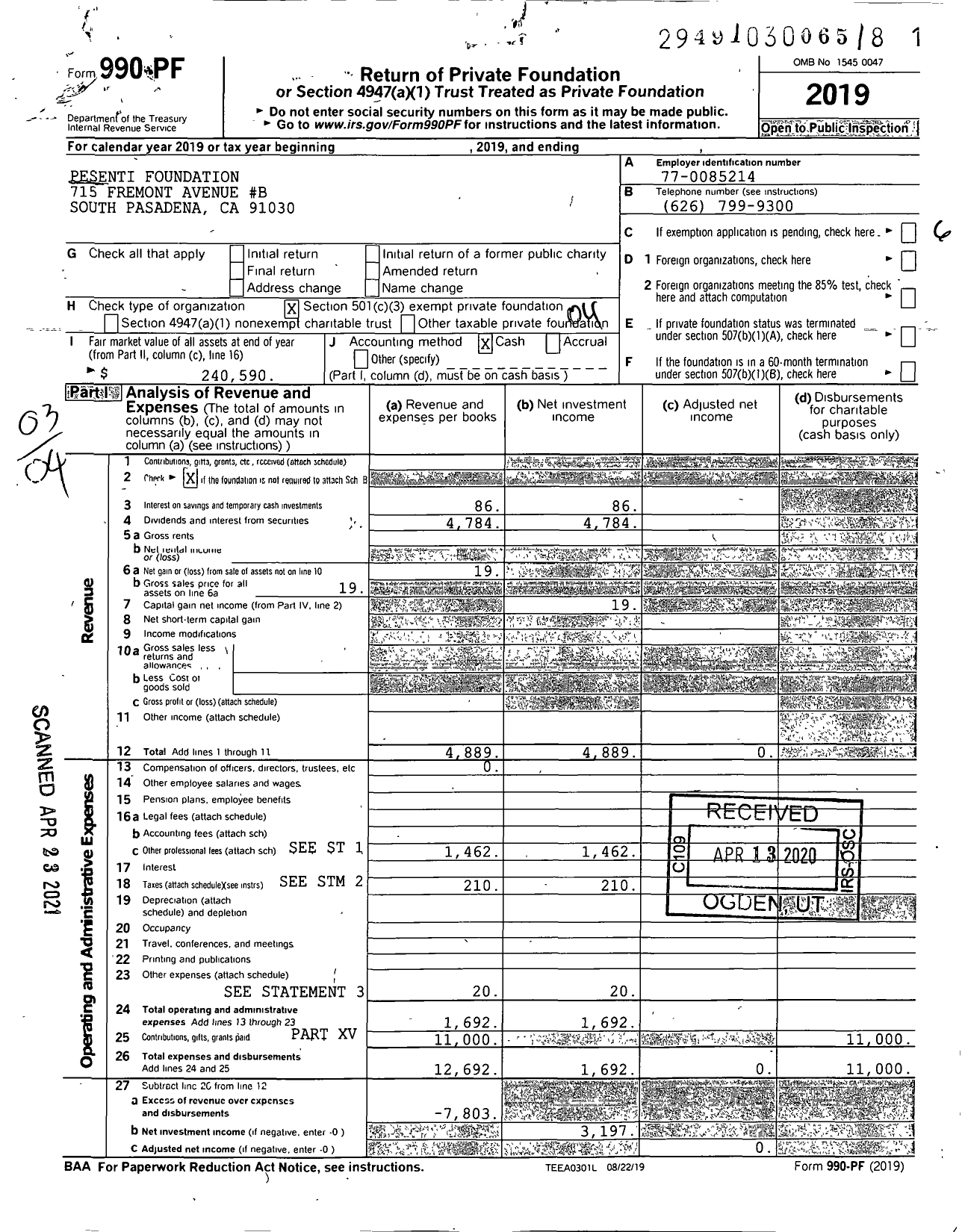 Image of first page of 2019 Form 990PF for The Pesenti Foundation