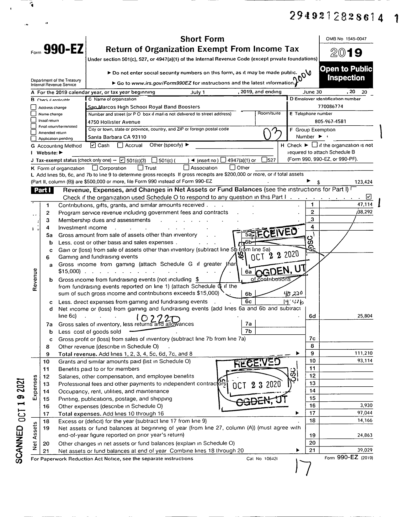 Image of first page of 2019 Form 990EZ for San Marcos High School Royal Band Boosters