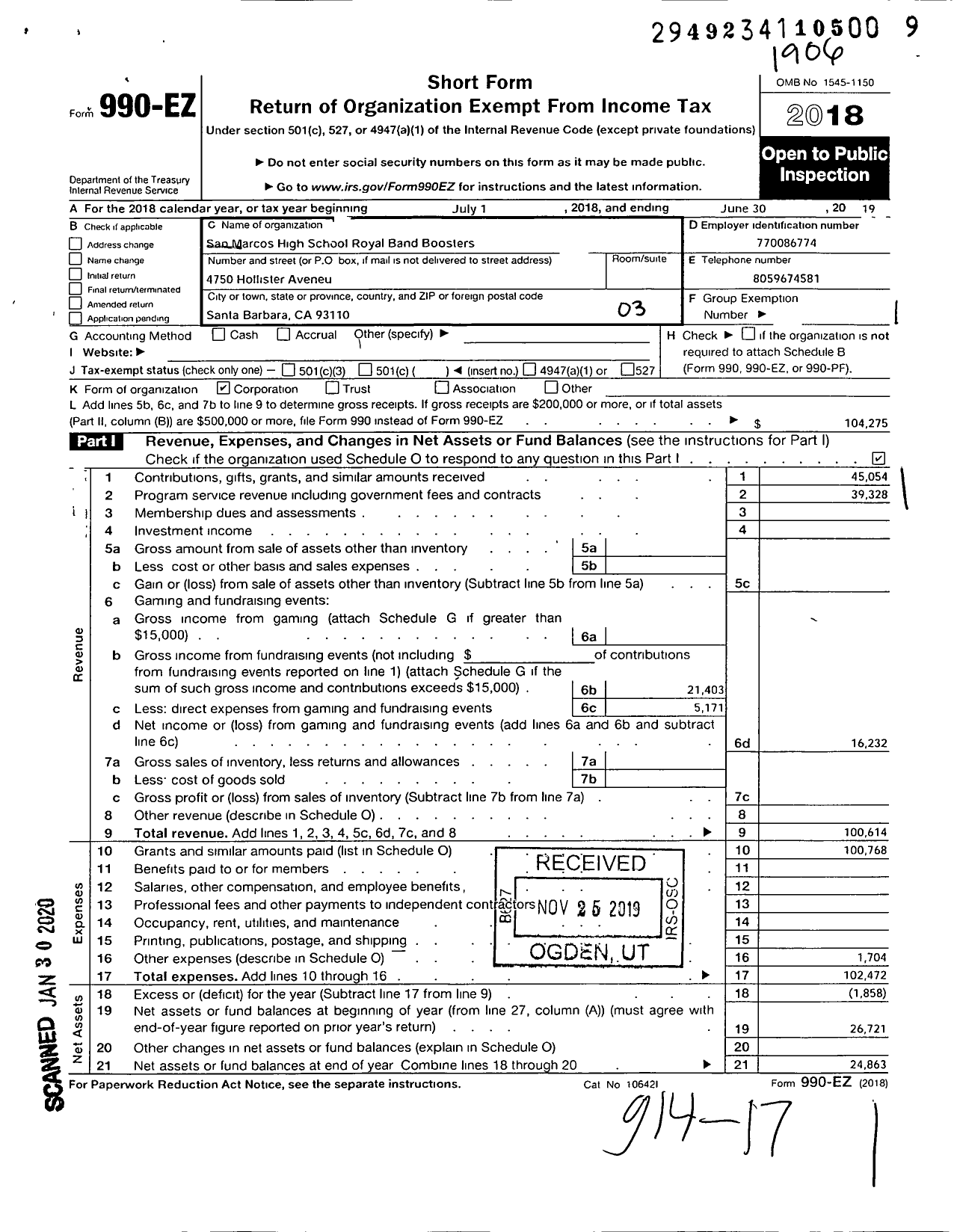 Image of first page of 2018 Form 990EZ for San Marcos High School Royal Band Boosters