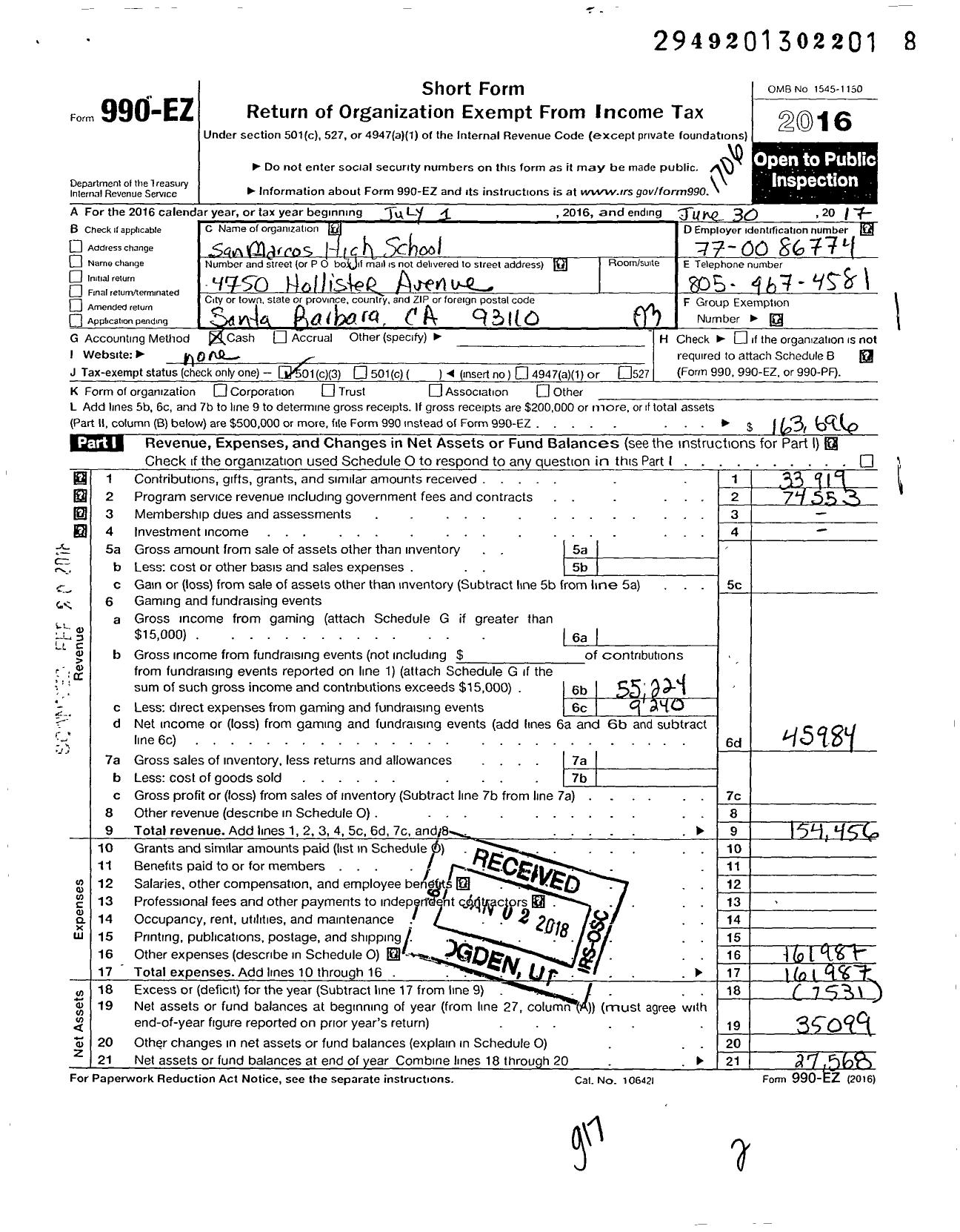 Image of first page of 2016 Form 990EZ for San Marcos High School Royal Band Boosters