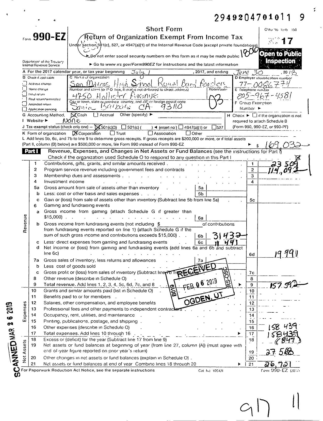 Image of first page of 2017 Form 990EZ for San Marcos High School Royal Band Boosters