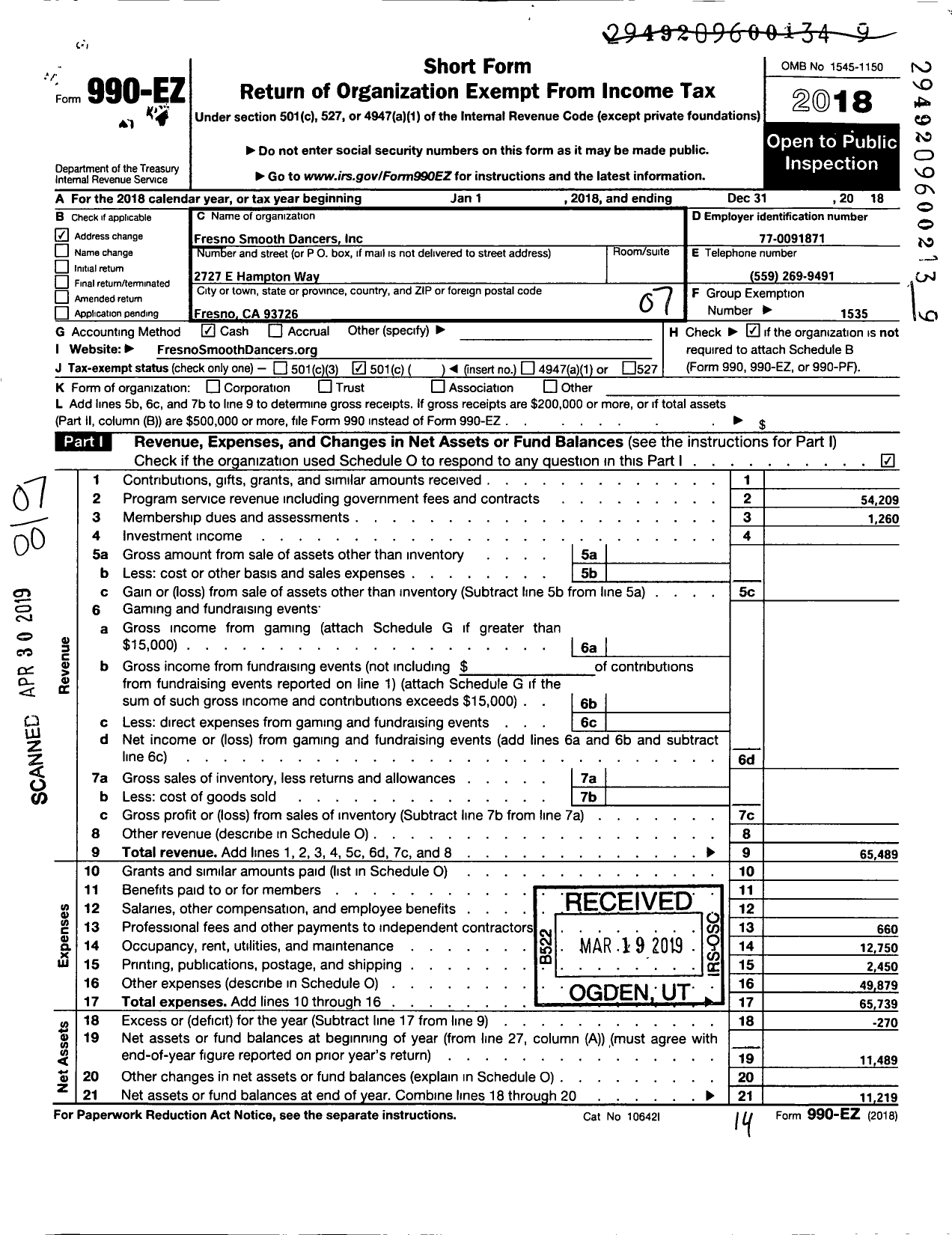 Image of first page of 2018 Form 990EO for NATIONAL Smooth Dancers Fresno Chapter