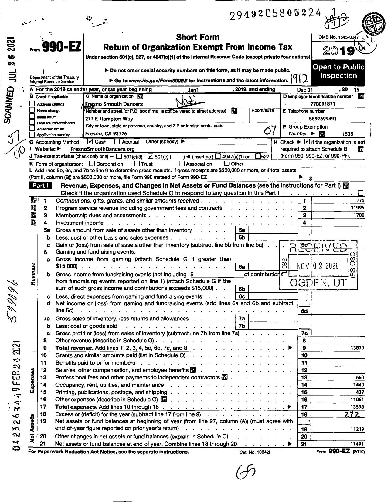 Image of first page of 2019 Form 990EO for NATIONAL Smooth Dancers Fresno Chapter