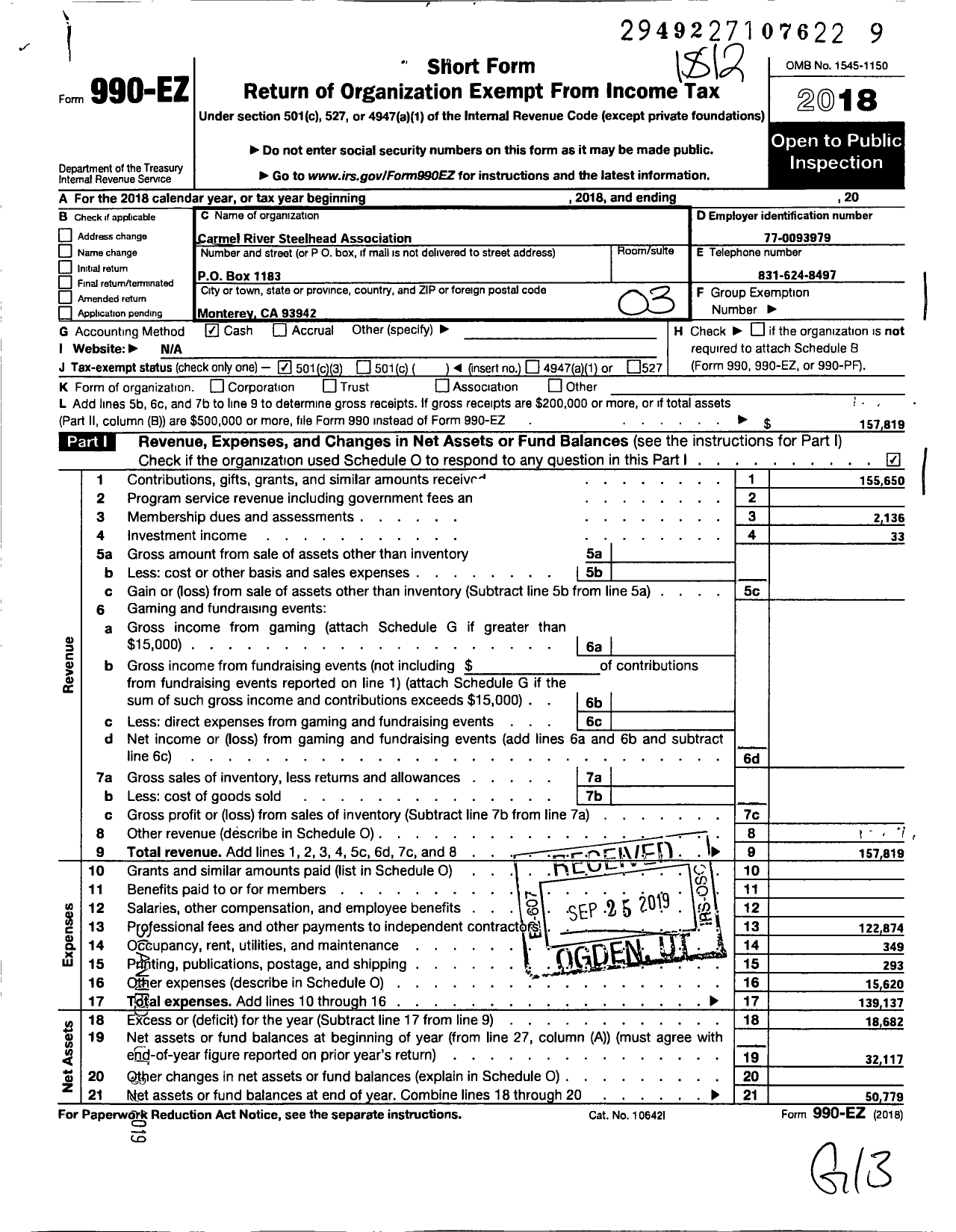 Image of first page of 2018 Form 990EZ for Carmel River Steelhead Association