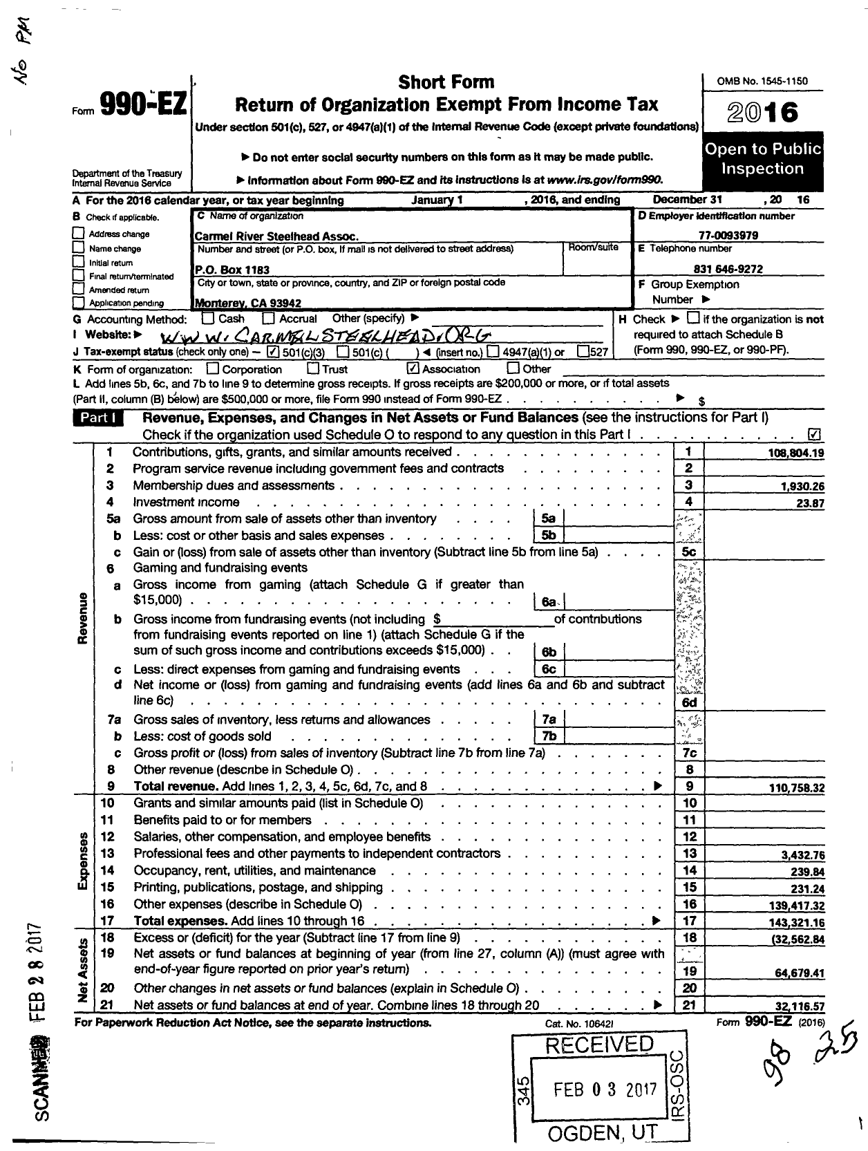 Image of first page of 2016 Form 990EZ for Carmel River Steelhead Association