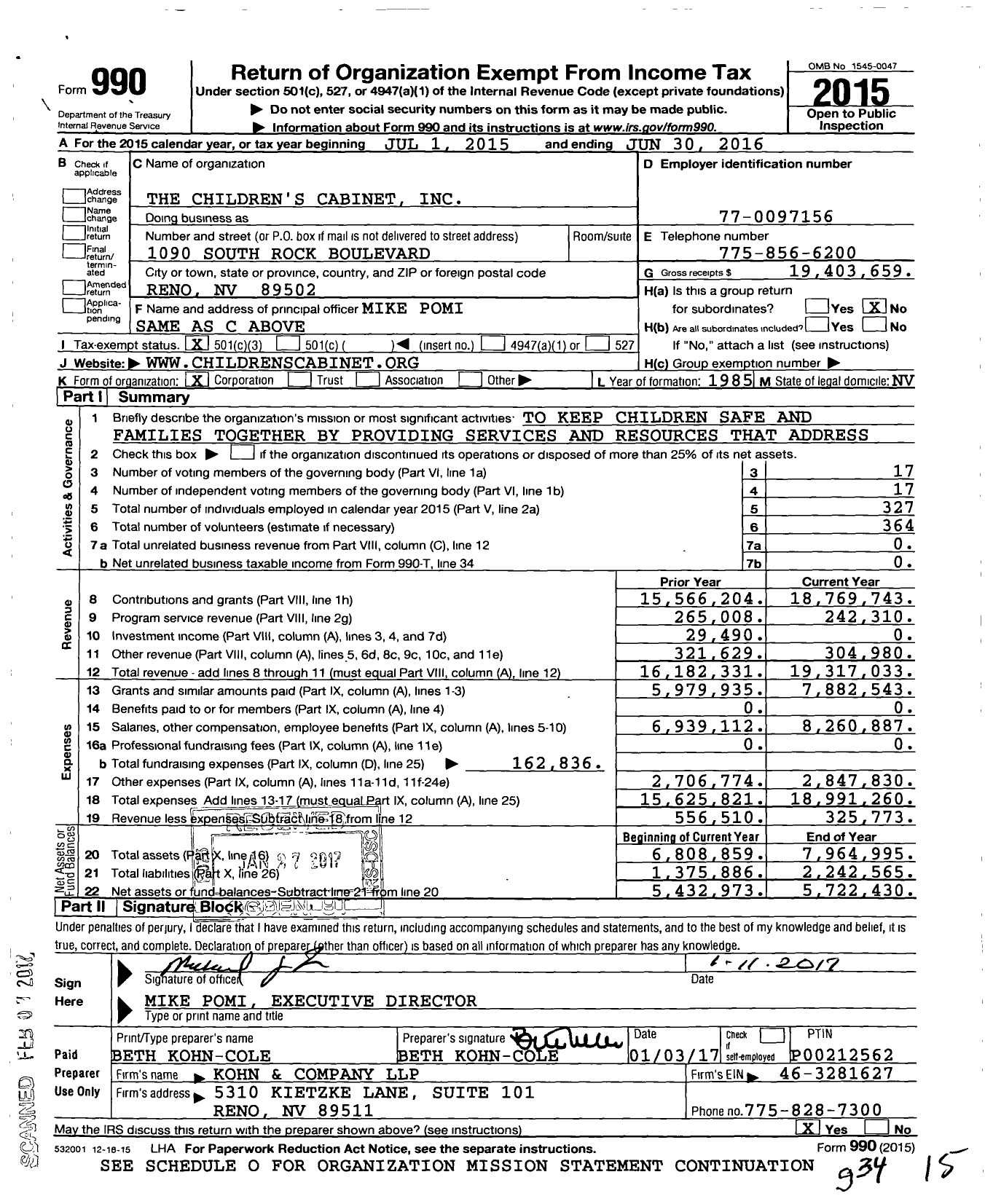 Image of first page of 2015 Form 990 for Childrens Cabinet