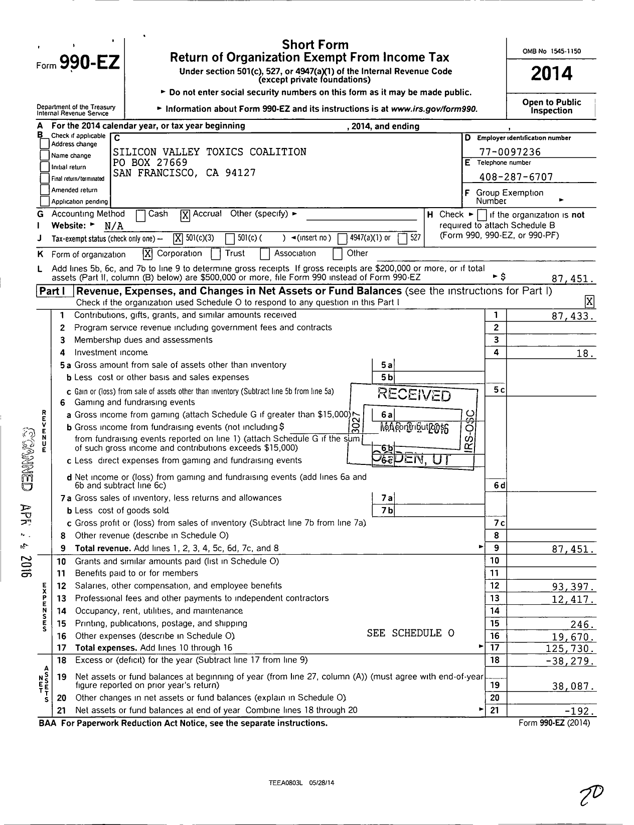 Image of first page of 2014 Form 990EZ for Silicon Valley Toxics Coalition