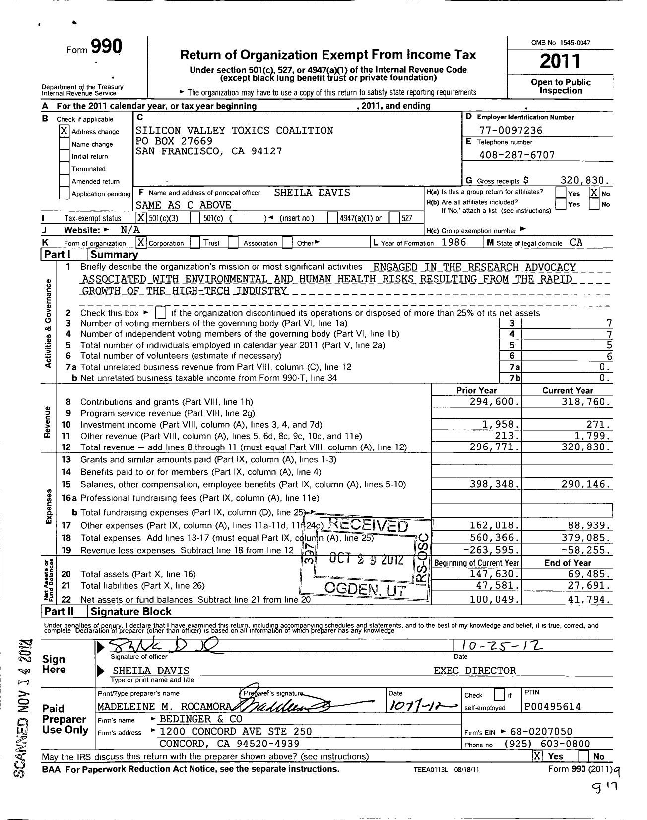 Image of first page of 2011 Form 990 for Silicon Valley Toxics Coalition